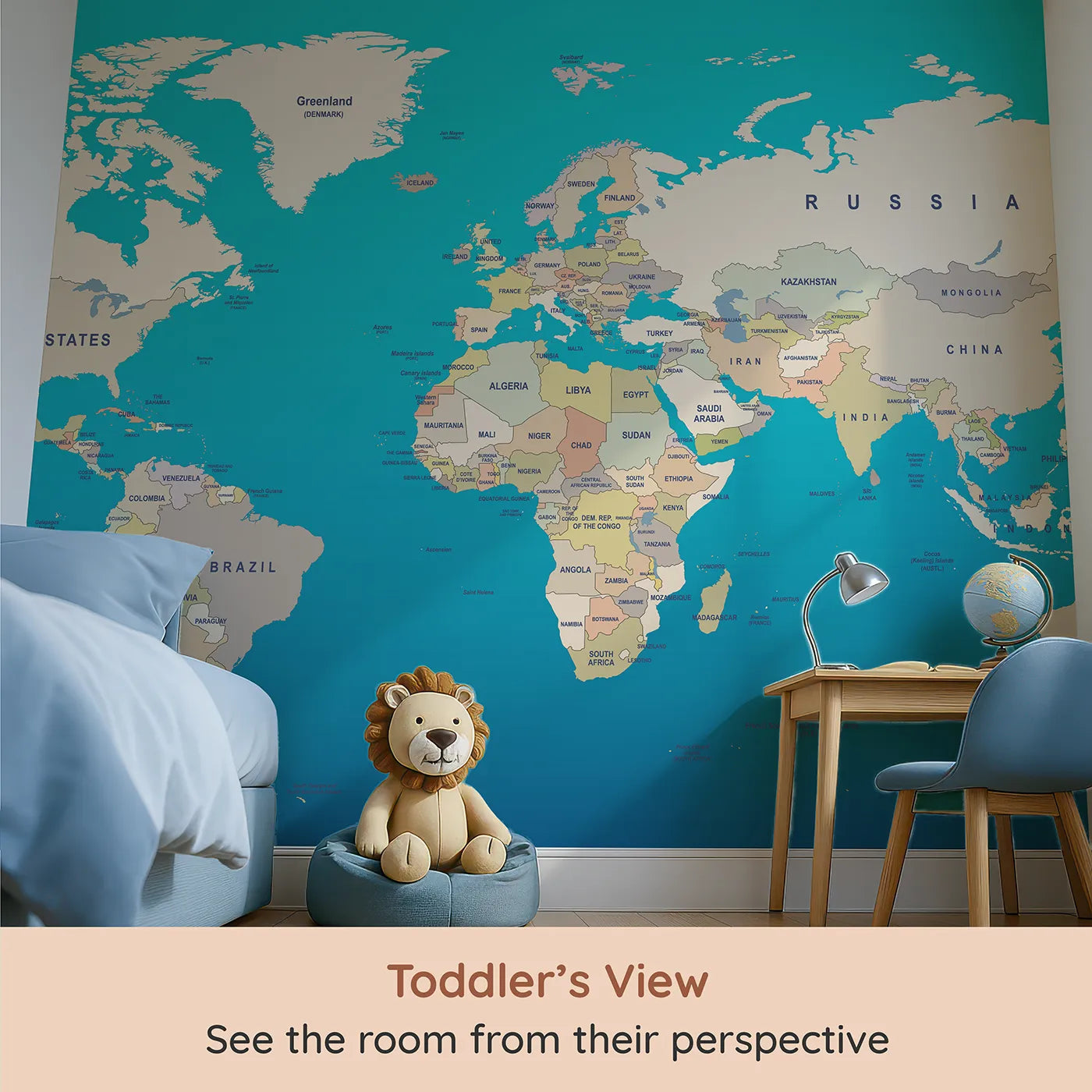 Whimsy Tots Political World Map Wall Mural (Turn Their Room into a Global Command Center) from your child's view.Gender-Neutral