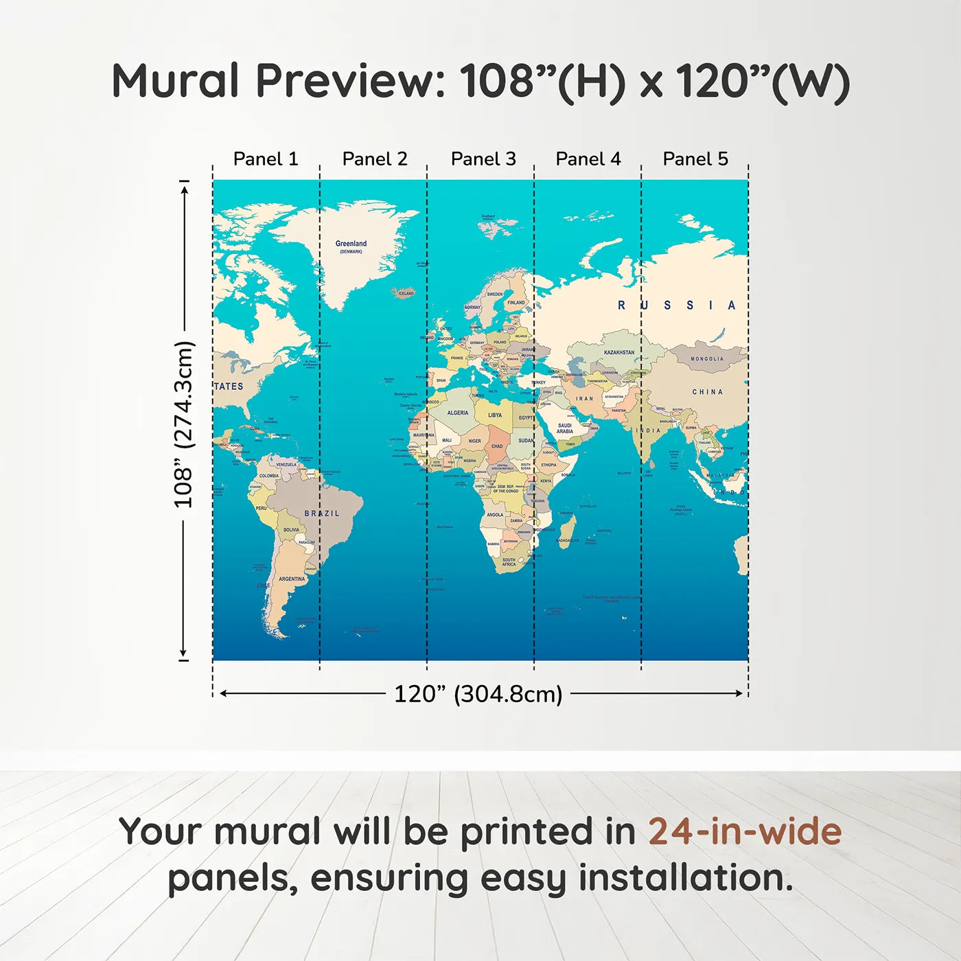 Whimsy Tots Political World Map Wall Muraldimension view (108" H x 120" W). Printed in five 24-inch-wide panels. Gender-Neutral