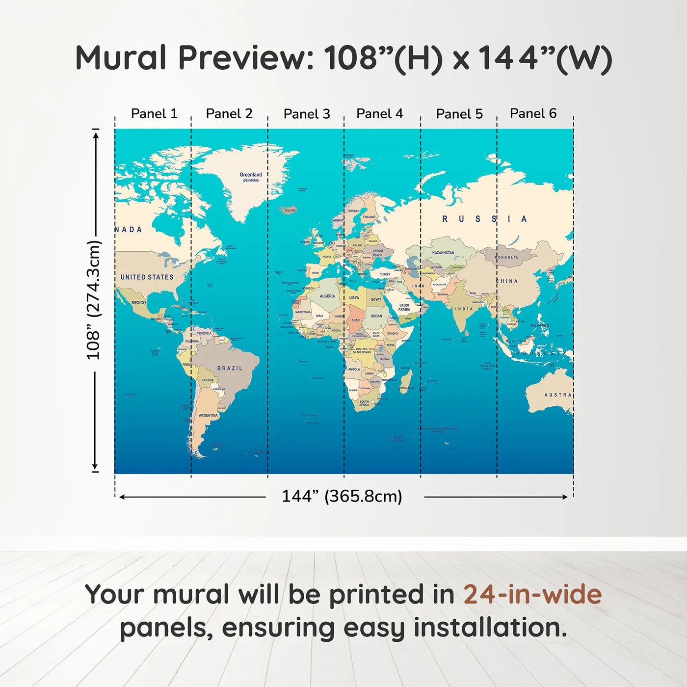 Whimsy Tots Political World Map Wall Muraldimension view (108" H x 144" W). Printed in six 24-inch-wide panels. Gender-Neutral