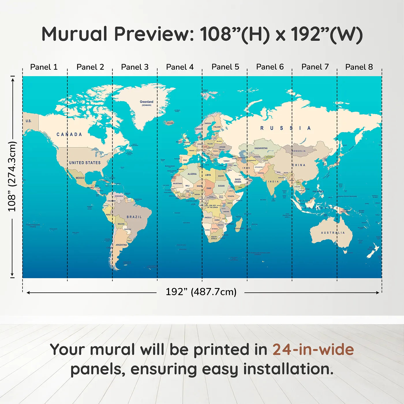 Whimsy Tots Political World Map Wall Muraldimension view (108" H x 192" W). Printed in eight 24-inch-wide panels. Gender-Neutral