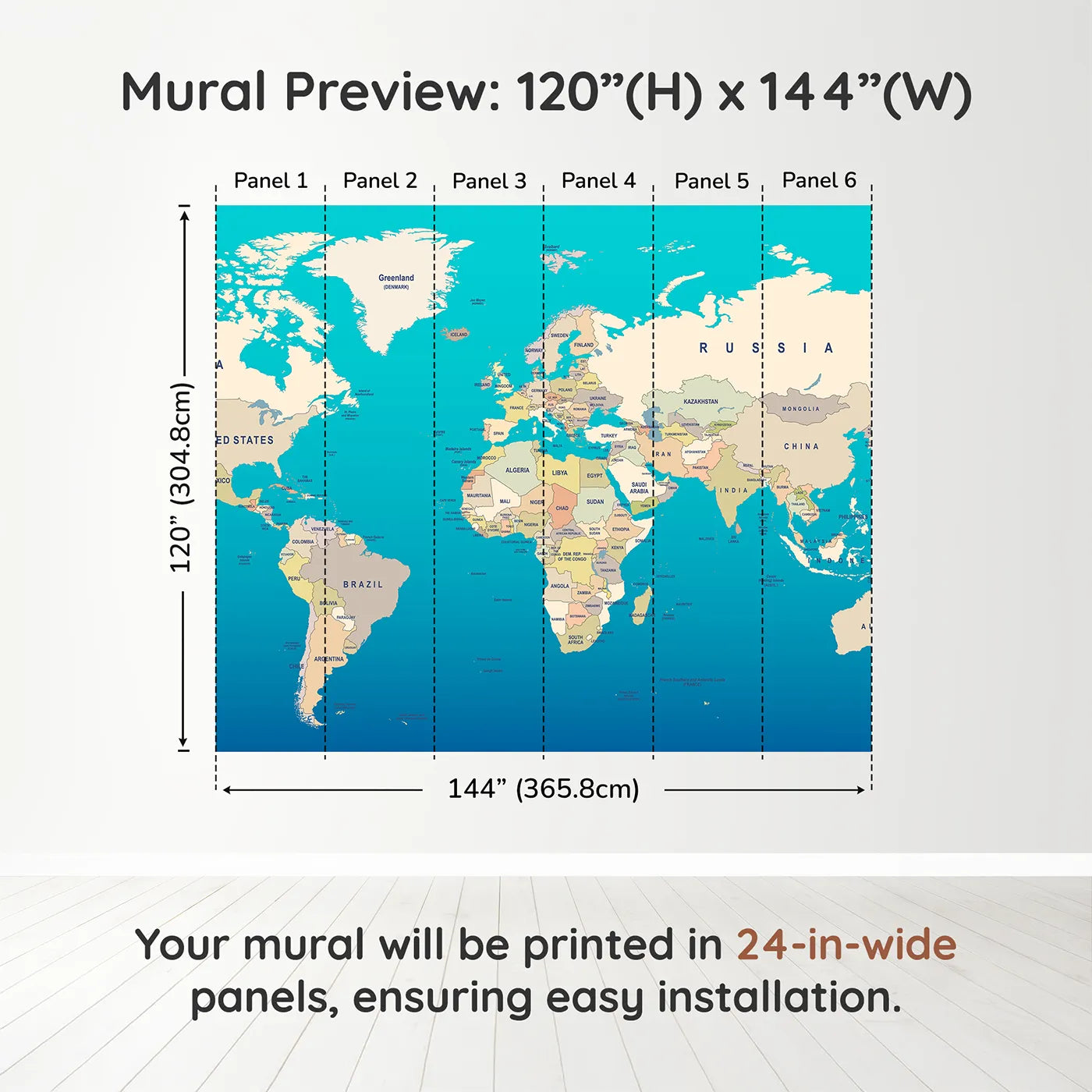 Whimsy Tots Political World Map Wall Muraldimension view (120" H x 144" W). Printed in six 24-inch-wide panels. Gender-Neutral