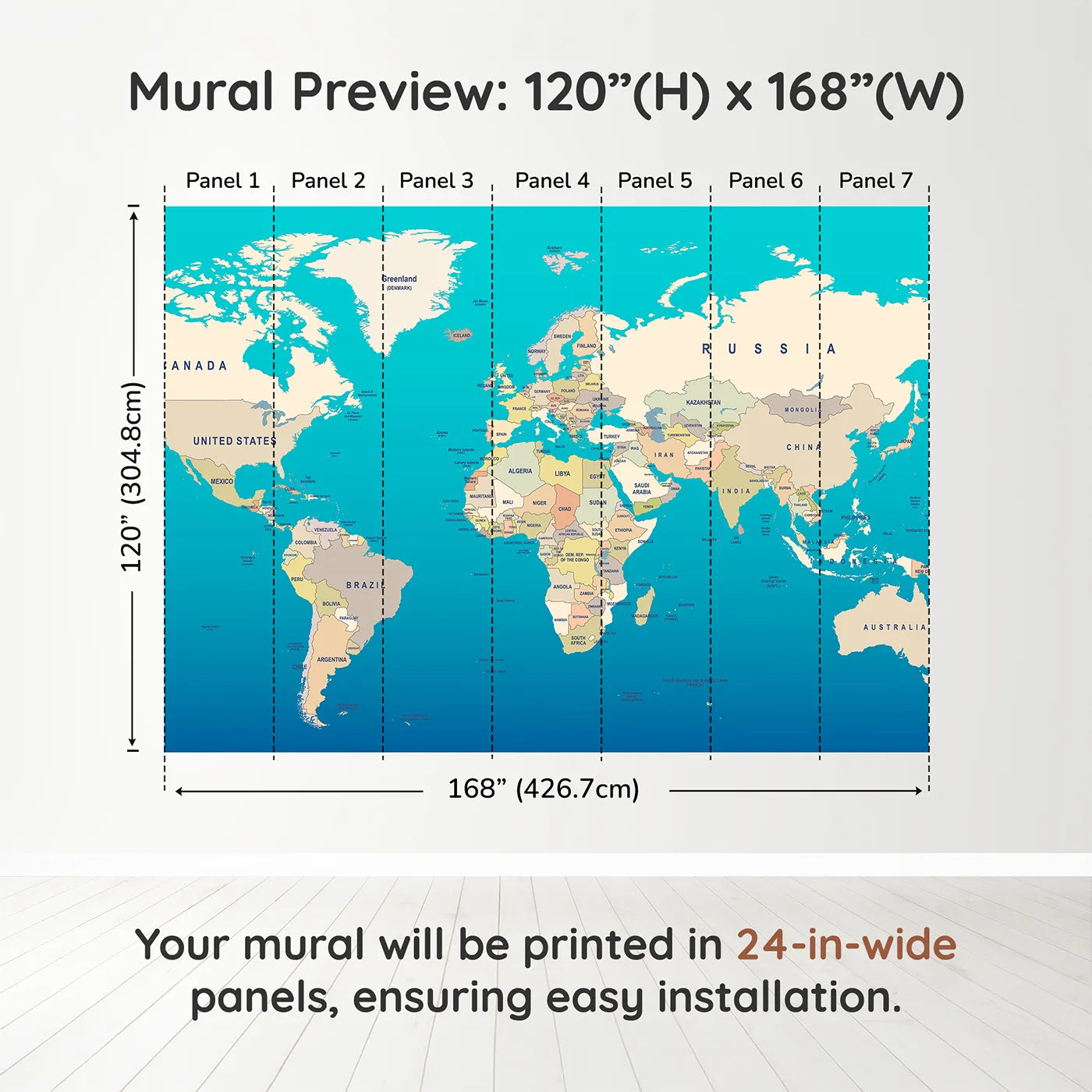 Whimsy Tots Political World Map Wall Muraldimension view (120" H x 168" W). Printed in seven 24-inch-wide panels. Gender-Neutral