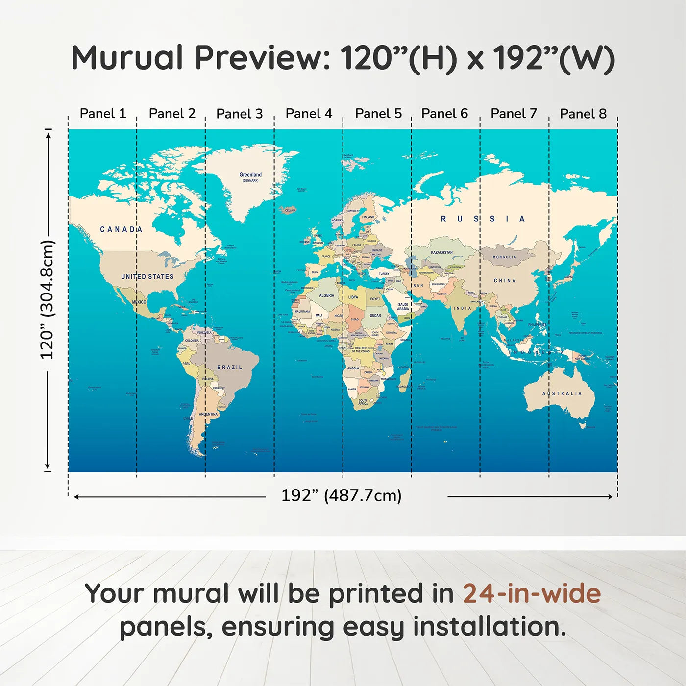 Whimsy Tots Political World Map Wall Muraldimension view (120" H x 192" W). Printed in eight 24-inch-wide panels. Gender-Neutral