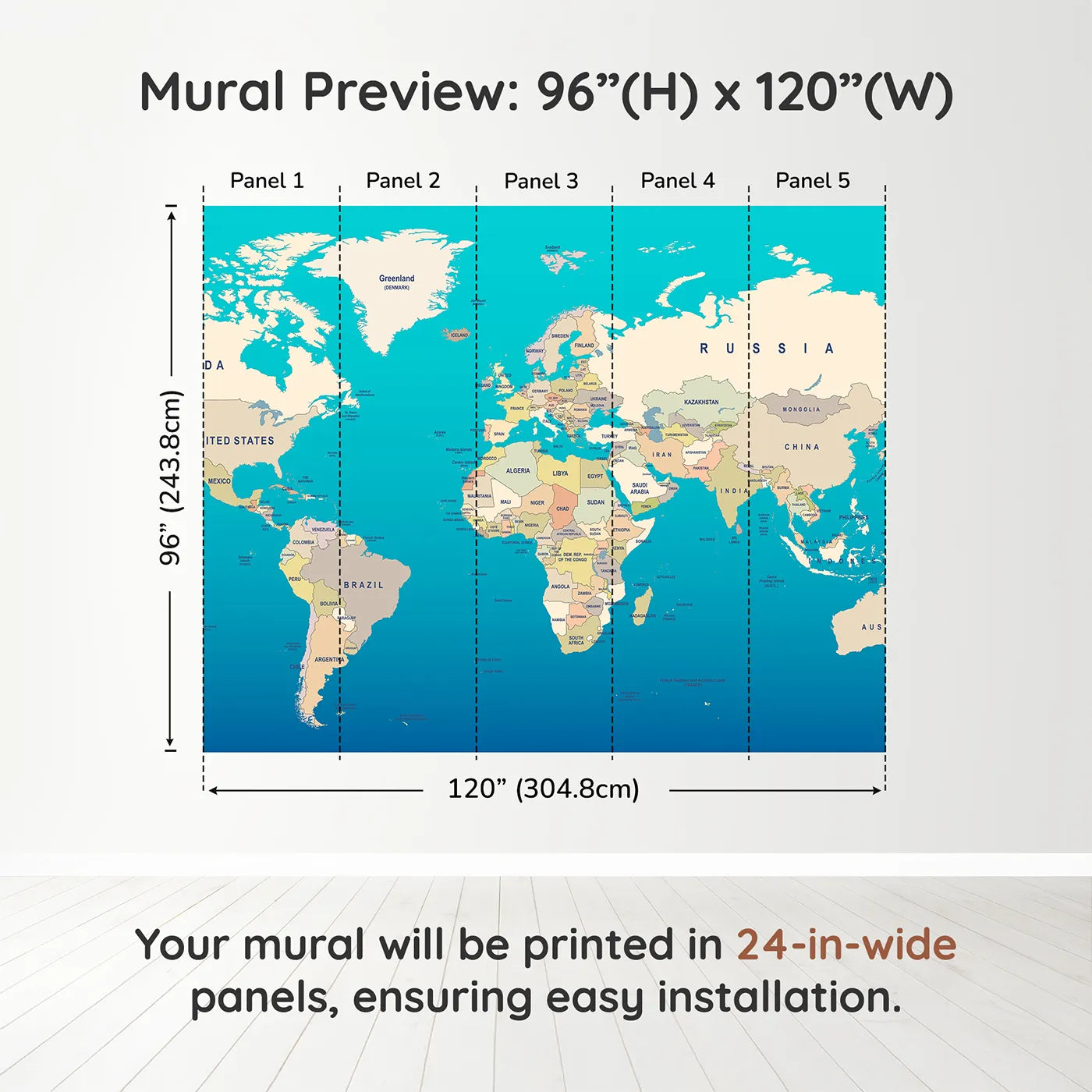 Whimsy Tots Political World Map Wall Muraldimension view (96" H x 120" W). Printed in five 24-inch-wide panels. Gender-Neutral