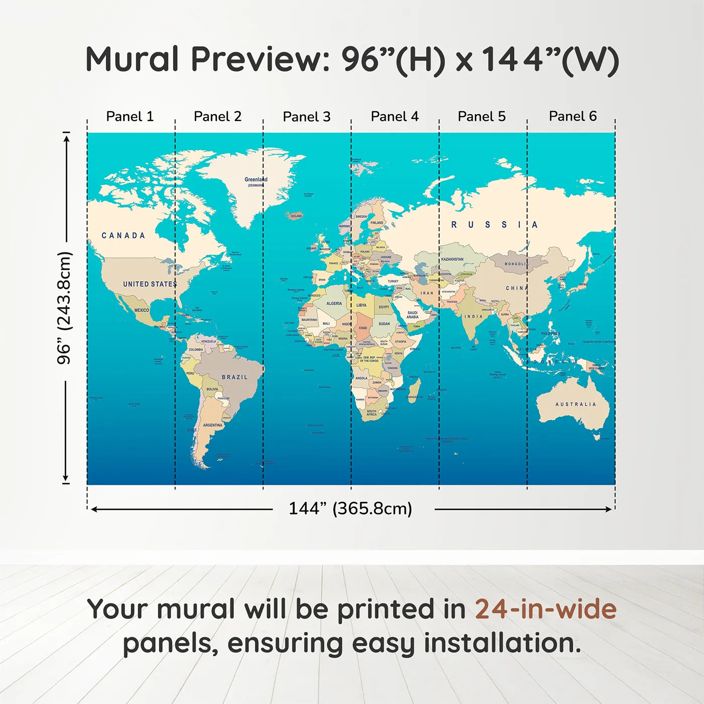 Whimsy Tots Political World Map Wall Muraldimension view (96" H x 144" W). Printed in six 24-inch-wide panels. Gender-Neutral