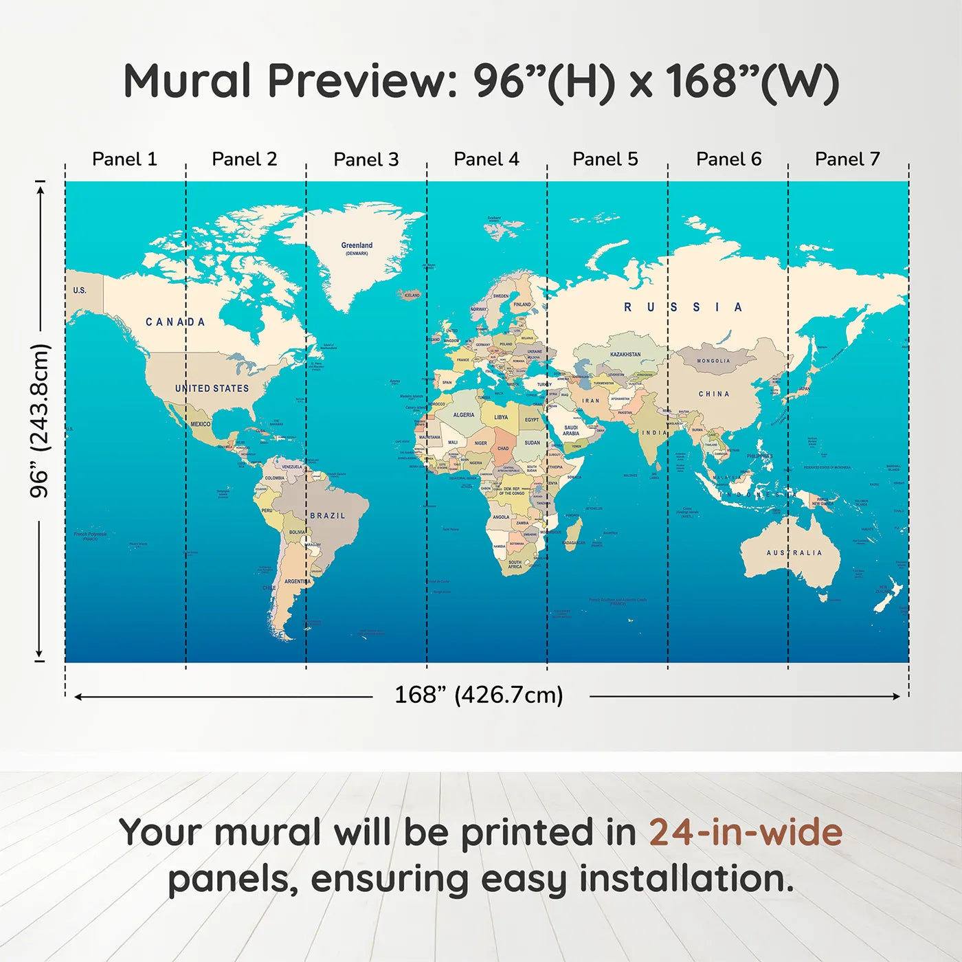 Whimsy Tots Political World Map Wall Muraldimension view (96" H x 168" W). Printed in seven 24-inch-wide panels. Gender-Neutral