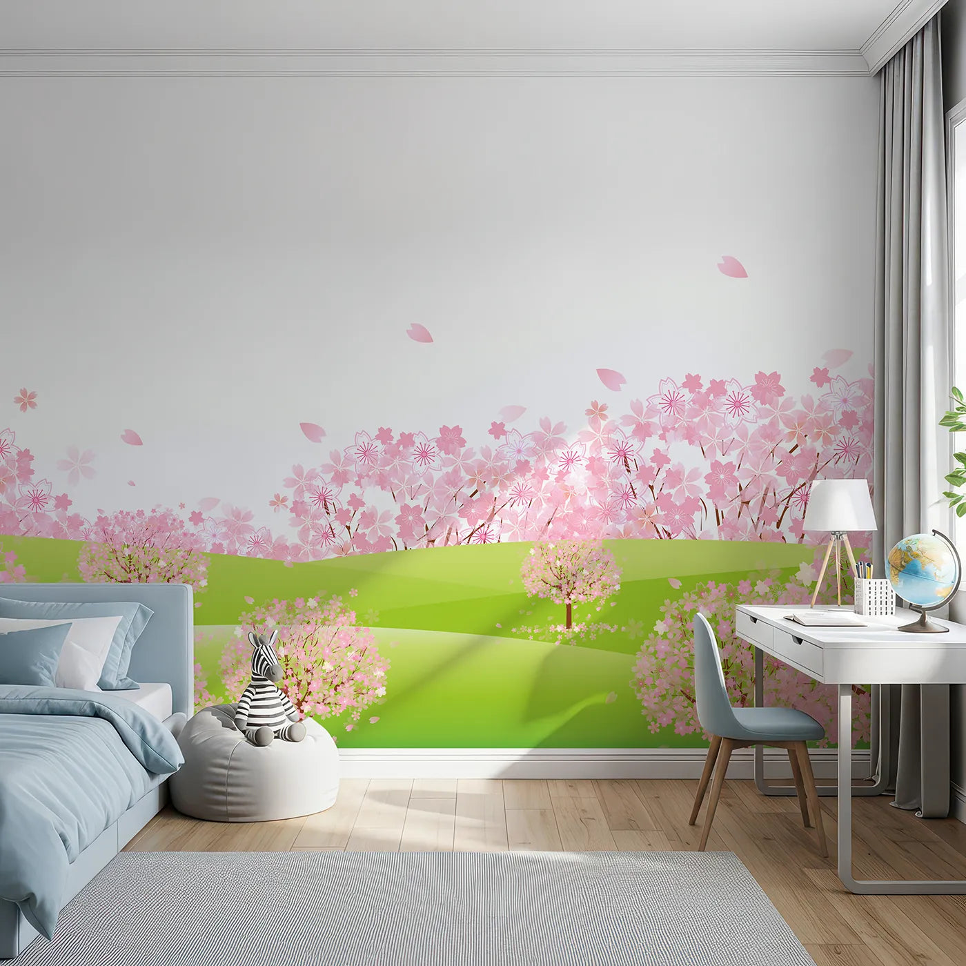 Front view of Whimsy Tots' Pink Cherry Blossom Meadow Wall Mural