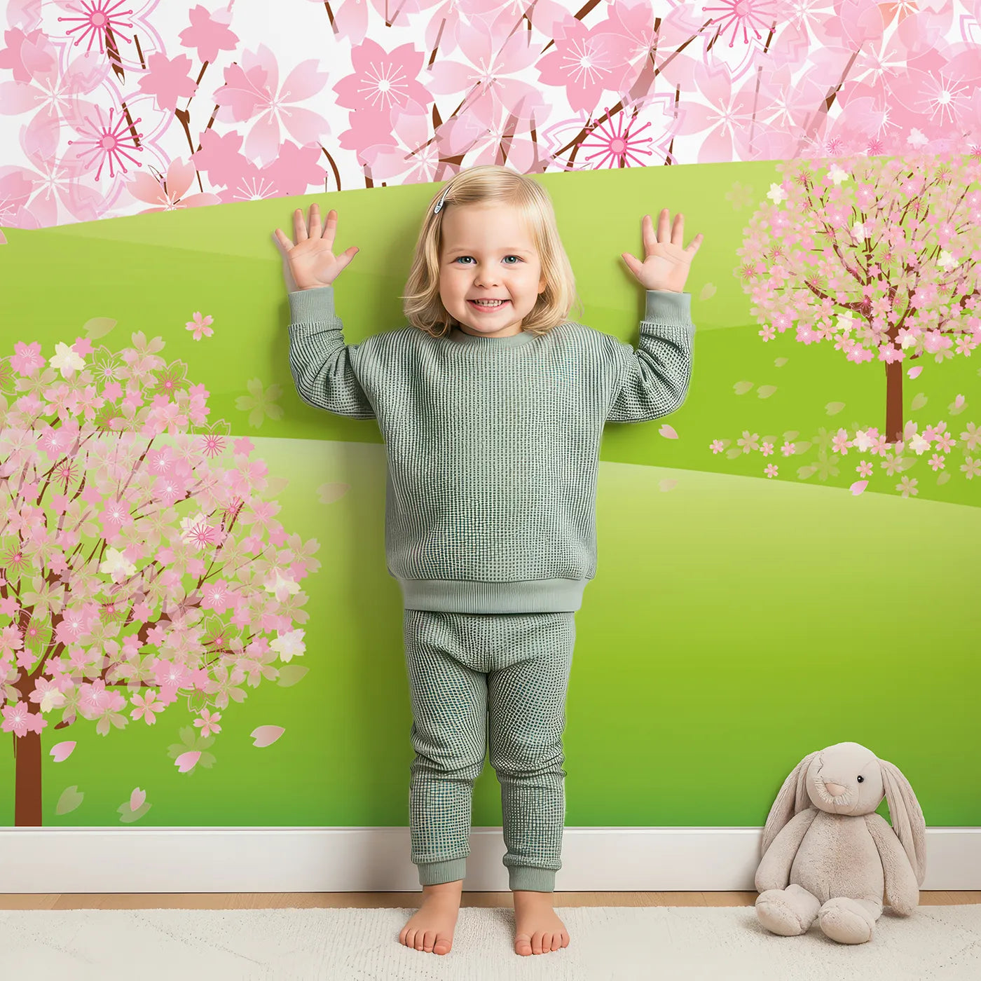 Child in front of Whimsy Tots Pink Cherry Blossom Meadow Wall Mural with cherry blossom, blossom, flower, tree, pink, meadow, romantic, spring in design.