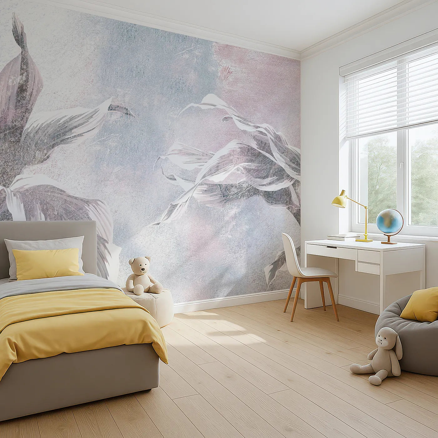 Angled view of Whimsy Tots' Abstract Glitter Leaves Wall Mural (Turn Their Room into a Dreamy, Sparkling Garden).Gender-Neutral