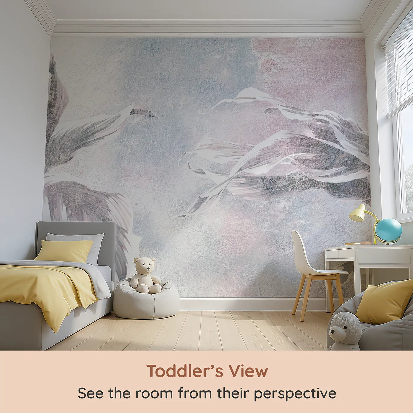 Whimsy Tots Abstract Glitter Leaves Wall Mural (Turn Their Room into a Dreamy, Sparkling Garden) from your child's view.Gender-Neutral