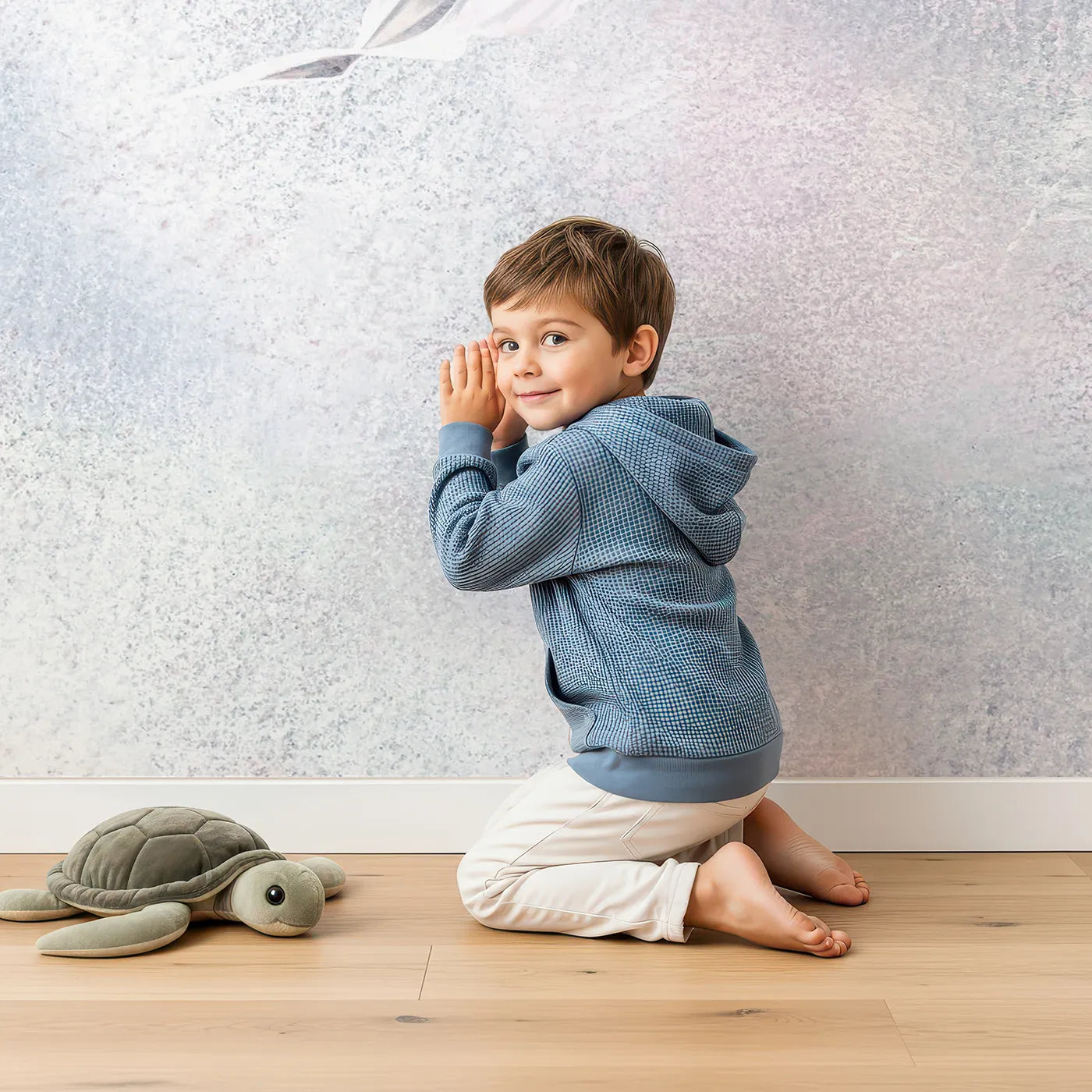 Child in front of Whimsy Tots Abstract Glitter Leaves Wall Mural with leaf, abstract, glitter, pink, blue, grunge, modern, romantic in design.