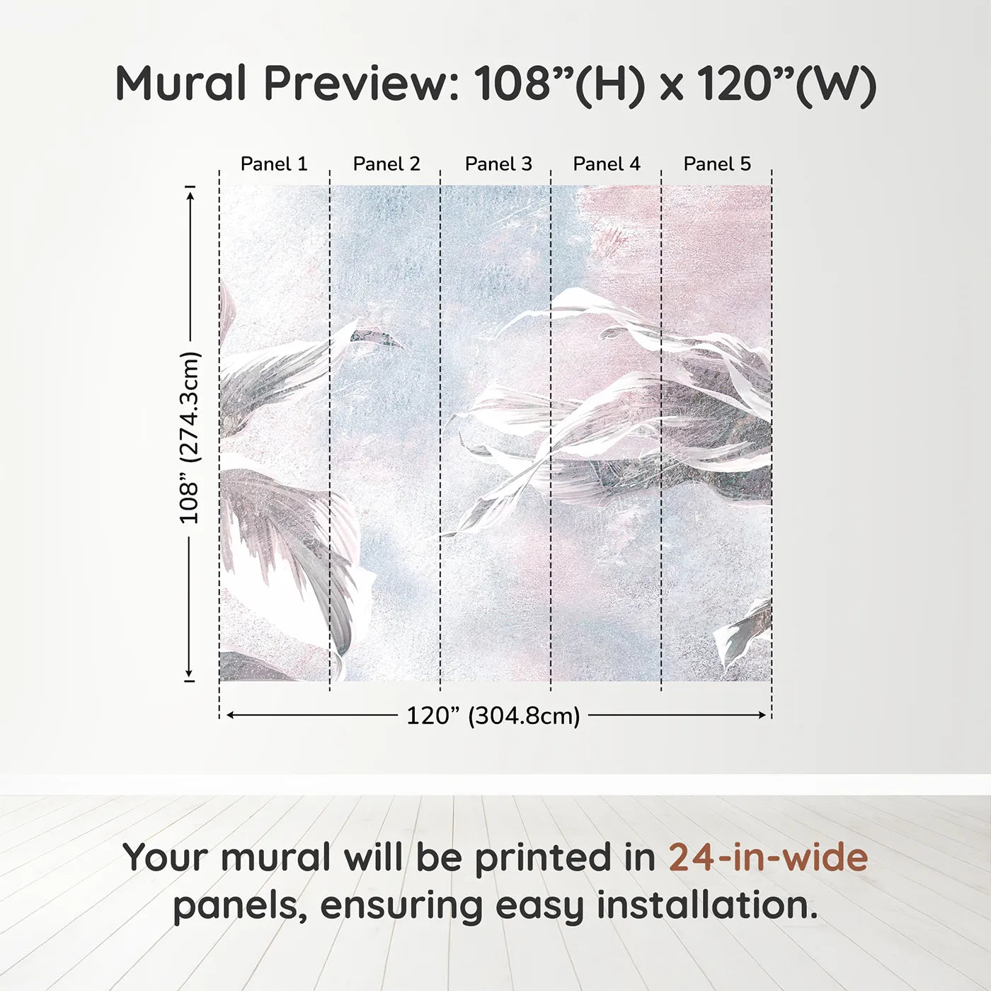 Whimsy Tots Abstract Glitter Leaves Wall Muraldimension view (108" H x 120" W). Printed in five 24-inch-wide panels. Gender-Neutral