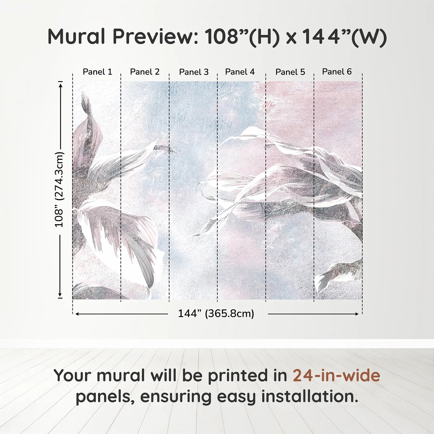Whimsy Tots Abstract Glitter Leaves Wall Muraldimension view (108" H x 144" W). Printed in six 24-inch-wide panels. Gender-Neutral
