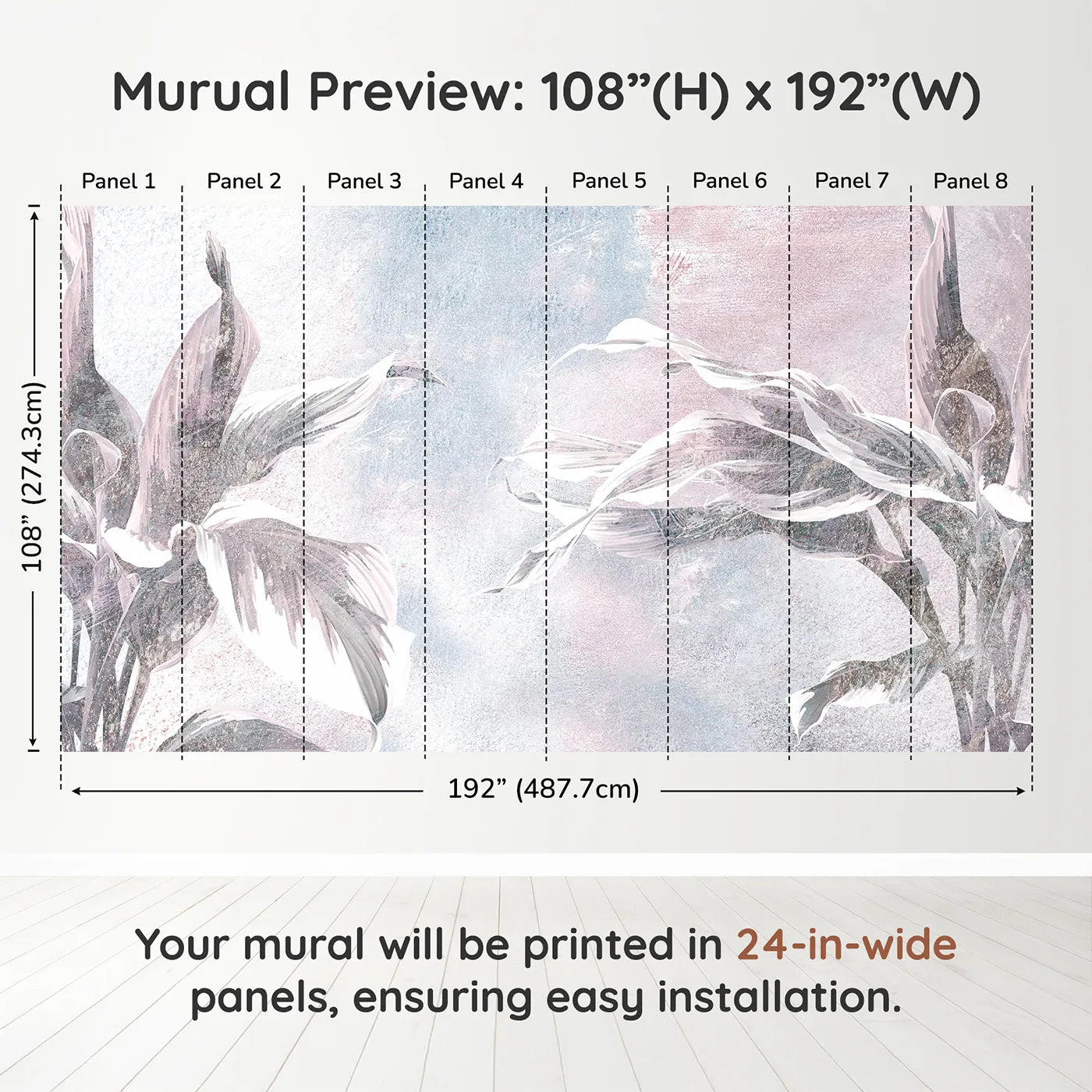 Whimsy Tots Abstract Glitter Leaves Wall Muraldimension view (108" H x 192" W). Printed in eight 24-inch-wide panels. Gender-Neutral