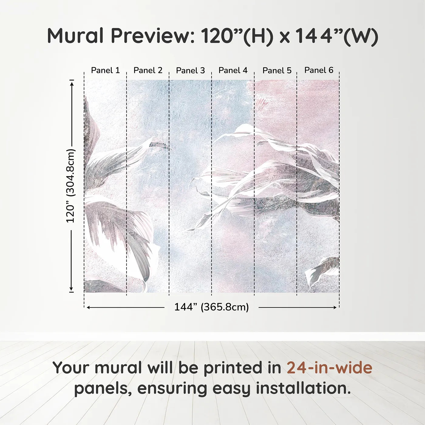 Whimsy Tots Abstract Glitter Leaves Wall Muraldimension view (120" H x 144" W). Printed in six 24-inch-wide panels. Gender-Neutral
