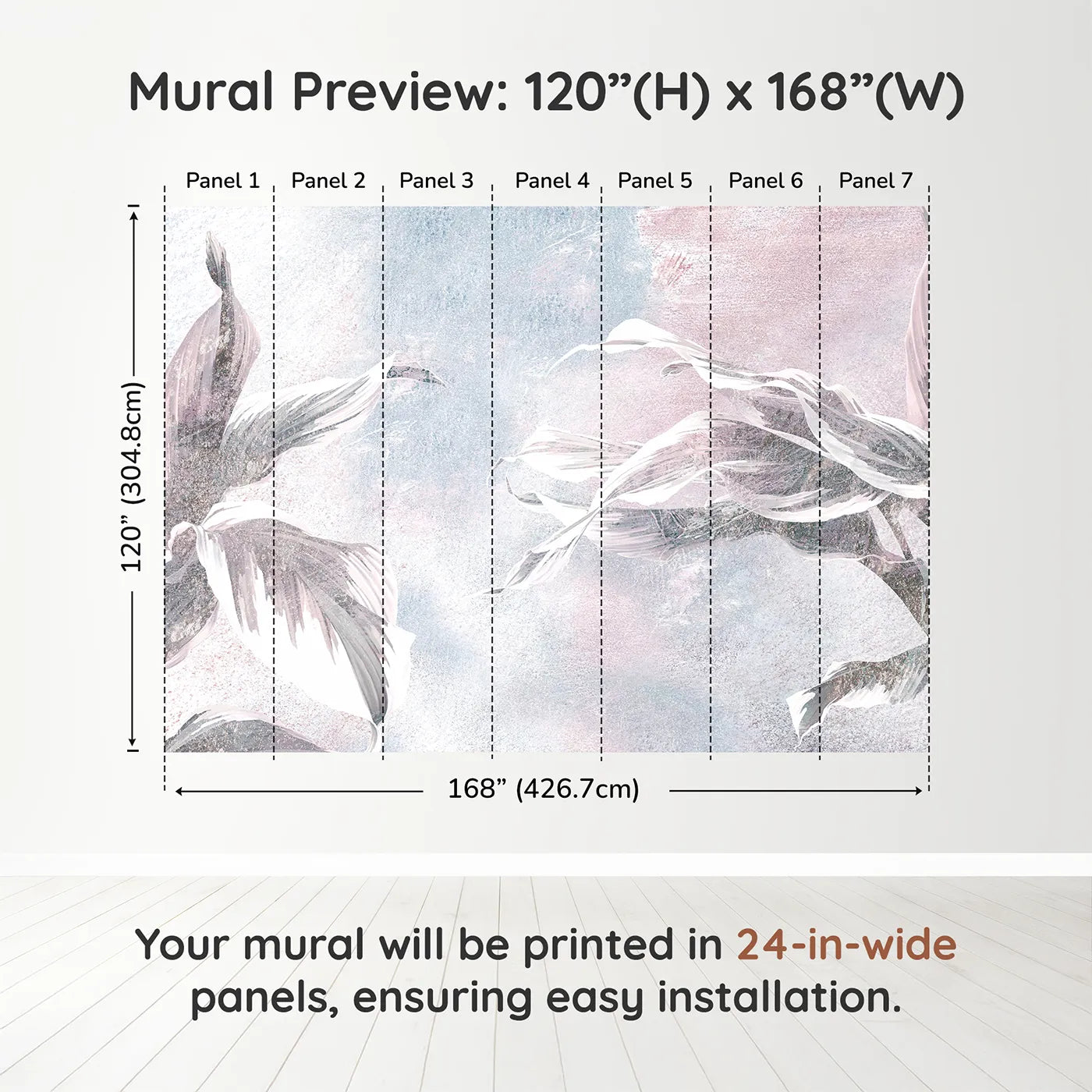 Whimsy Tots Abstract Glitter Leaves Wall Muraldimension view (120" H x 168" W). Printed in seven 24-inch-wide panels. Gender-Neutral
