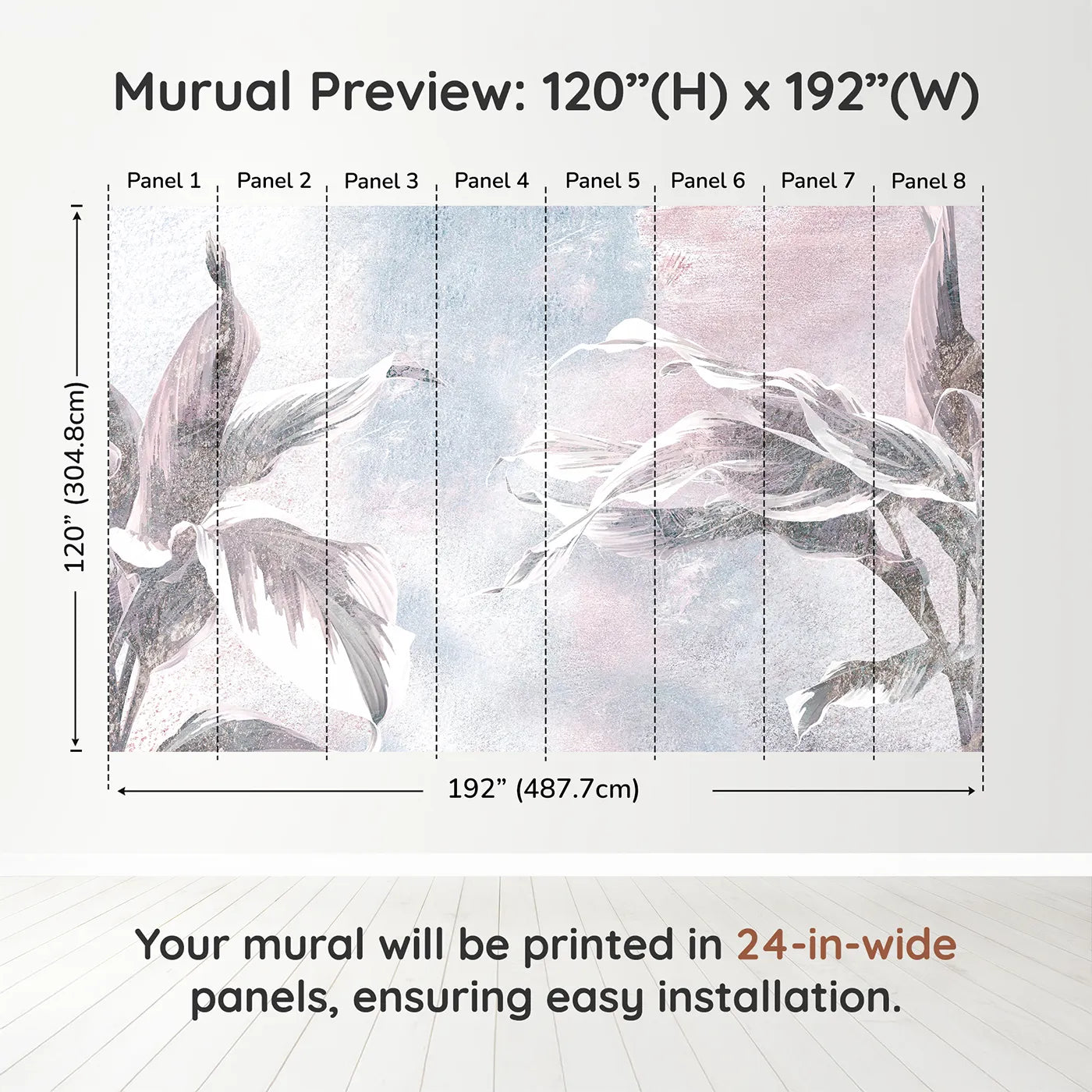 Whimsy Tots Abstract Glitter Leaves Wall Muraldimension view (120" H x 192" W). Printed in eight 24-inch-wide panels. Gender-Neutral