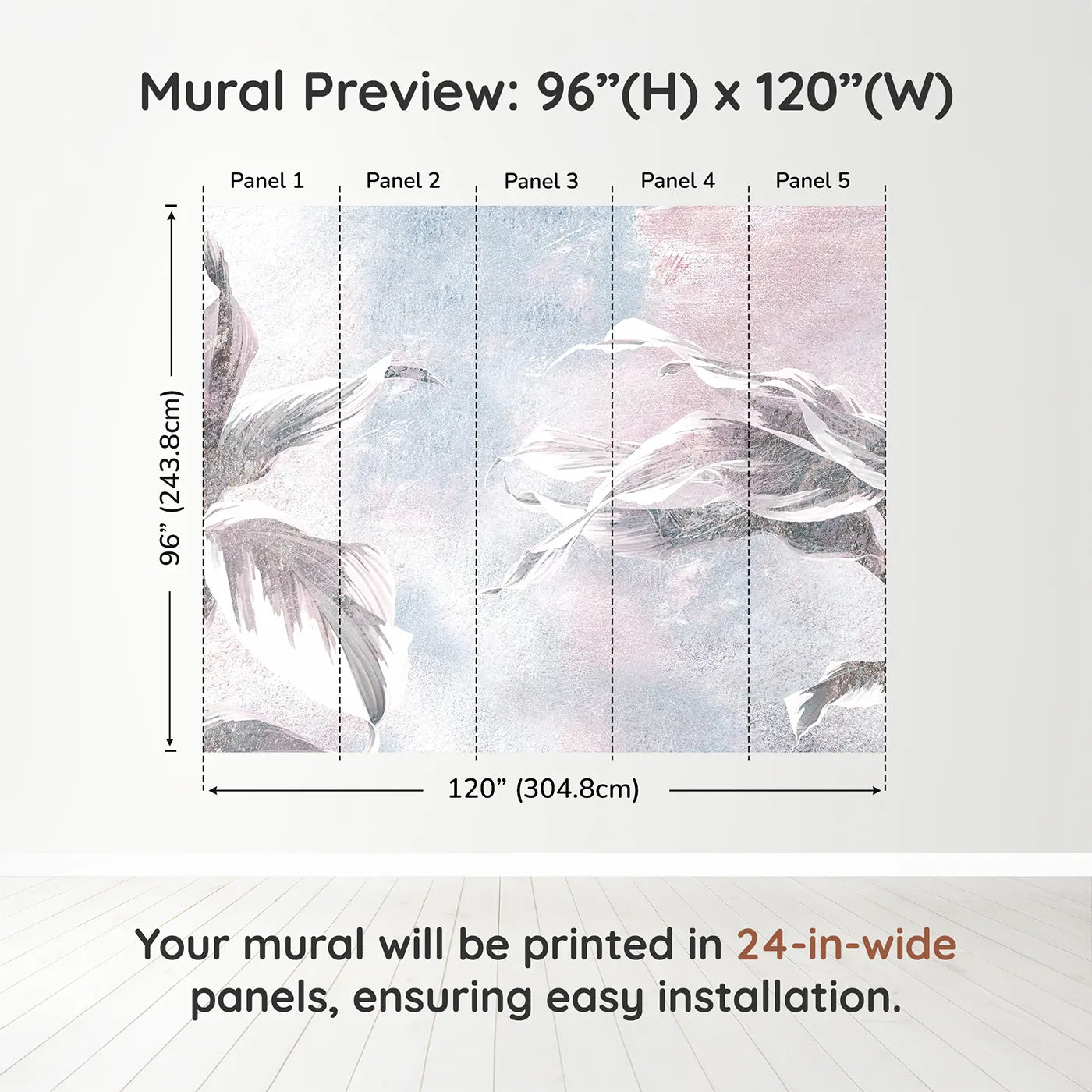 Whimsy Tots Abstract Glitter Leaves Wall Muraldimension view (96" H x 120" W). Printed in five 24-inch-wide panels. Gender-Neutral