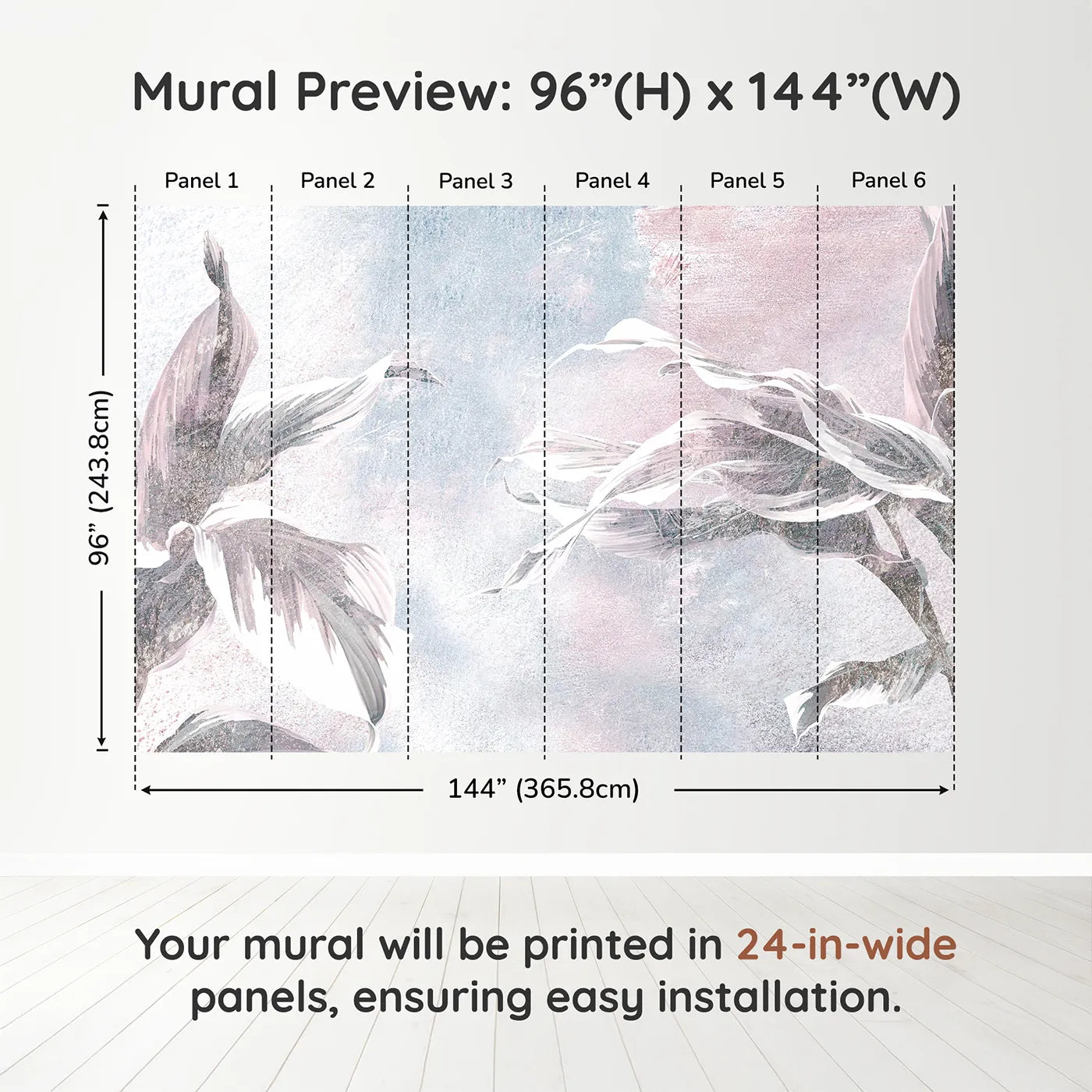 Whimsy Tots Abstract Glitter Leaves Wall Muraldimension view (96" H x 144" W). Printed in six 24-inch-wide panels. Gender-Neutral