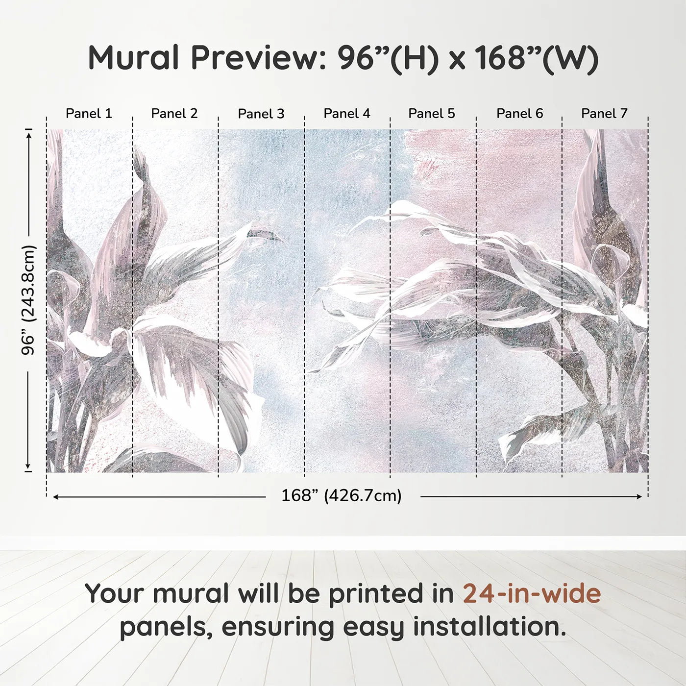 Whimsy Tots Abstract Glitter Leaves Wall Muraldimension view (96" H x 168" W). Printed in seven 24-inch-wide panels. Gender-Neutral