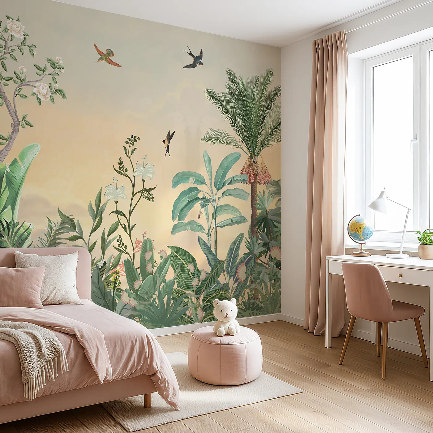 Angled view of Whimsy Tots' Sunset Jungle Paradise Wall Mural (Turn Their Room into a Lush, Hand-Painted Paradise).Gender-Neutral