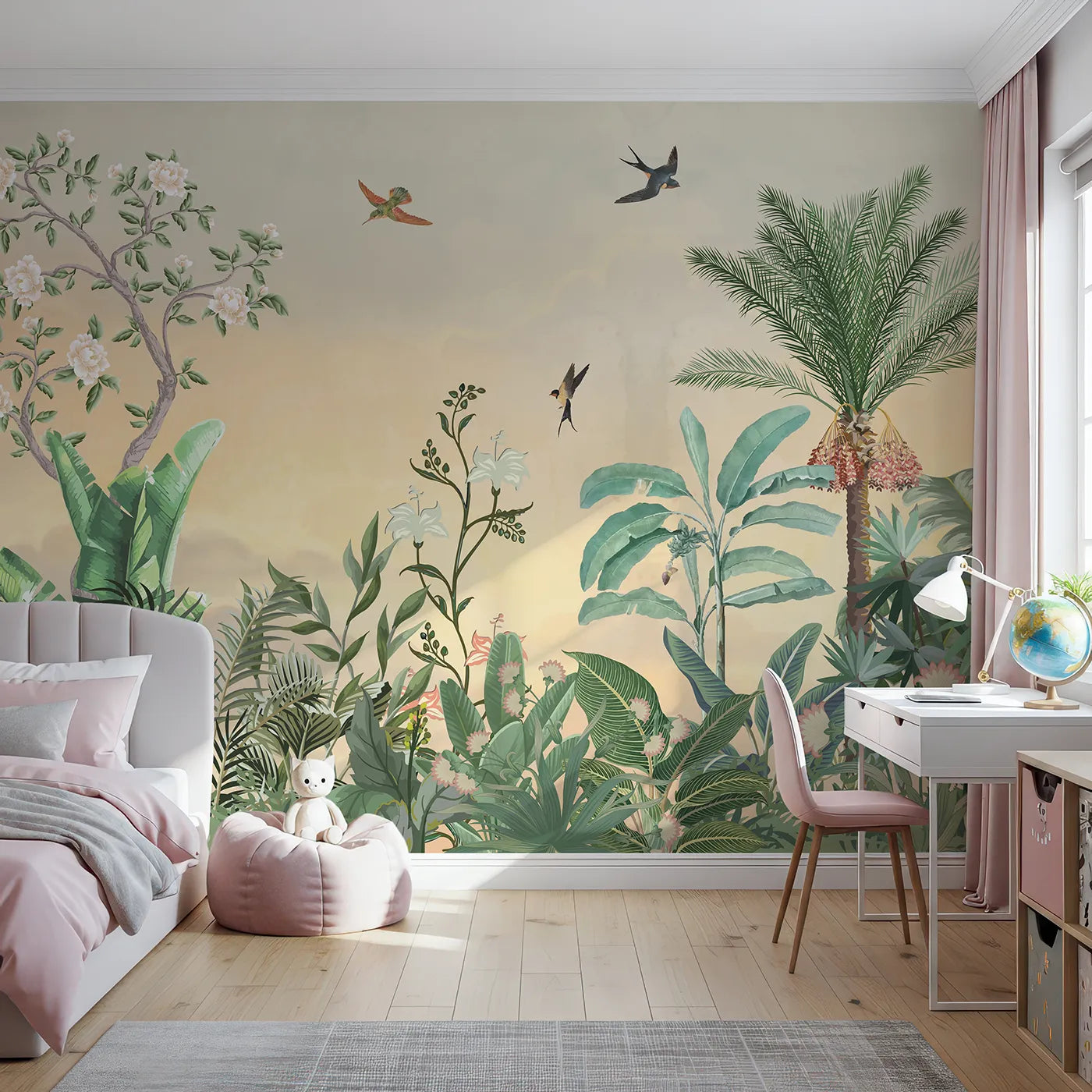 Front view of Whimsy Tots' Sunset Jungle Paradise Wall Mural