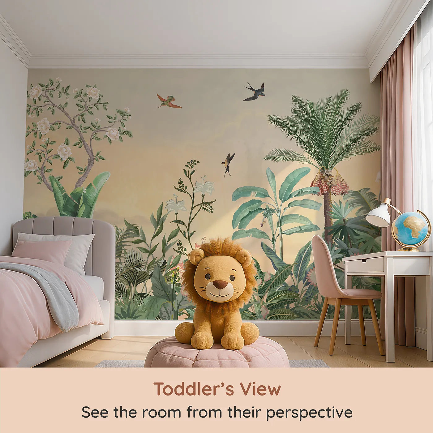 Whimsy Tots Sunset Jungle Paradise Wall Mural (Turn Their Room into a Lush, Hand-Painted Paradise) from your child's view.Gender-Neutral