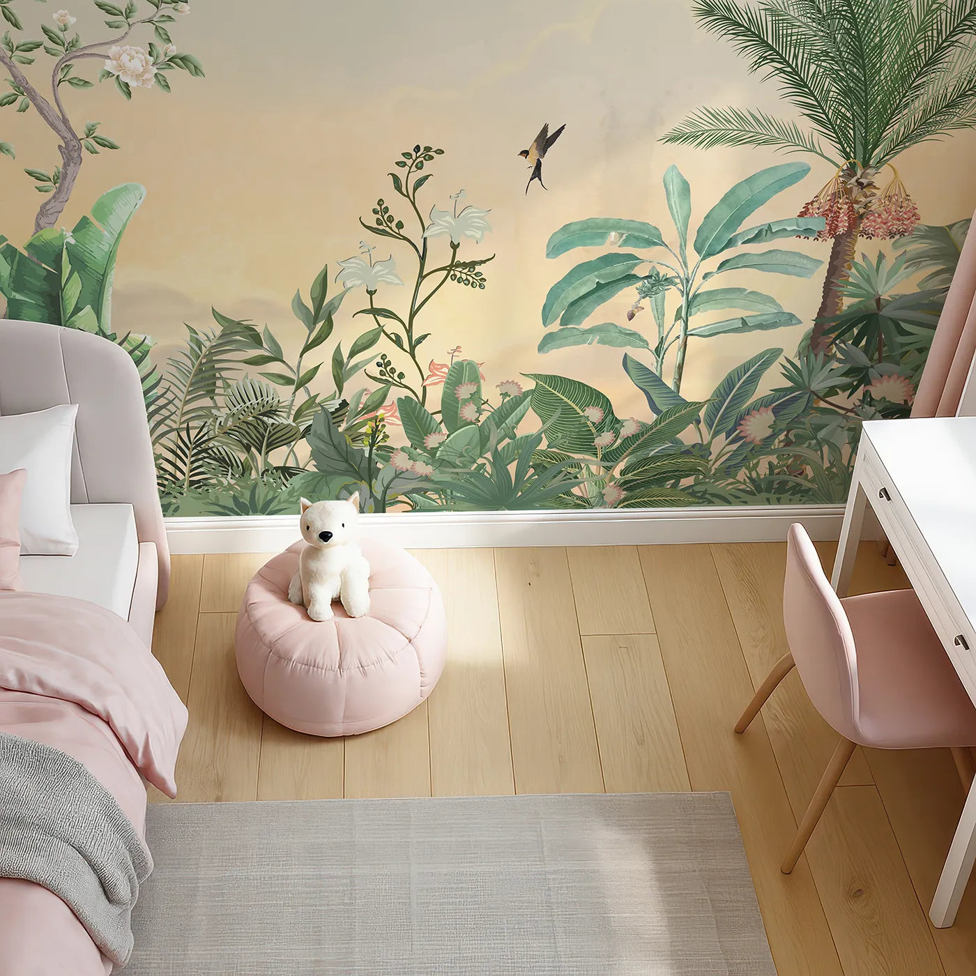 Top-down view of Whimsy Tots' Sunset Jungle Paradise Wall Mural (Turn Their Room into a Lush, Hand-Painted Paradise).Gender-Neutral