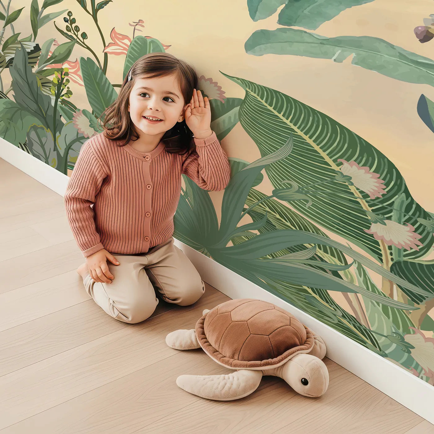 Child in front of Whimsy Tots Sunset Jungle Paradise Wall Mural with chinoiserie, vintage, floral, bird, exotic, tropical, classic, sunset in design.