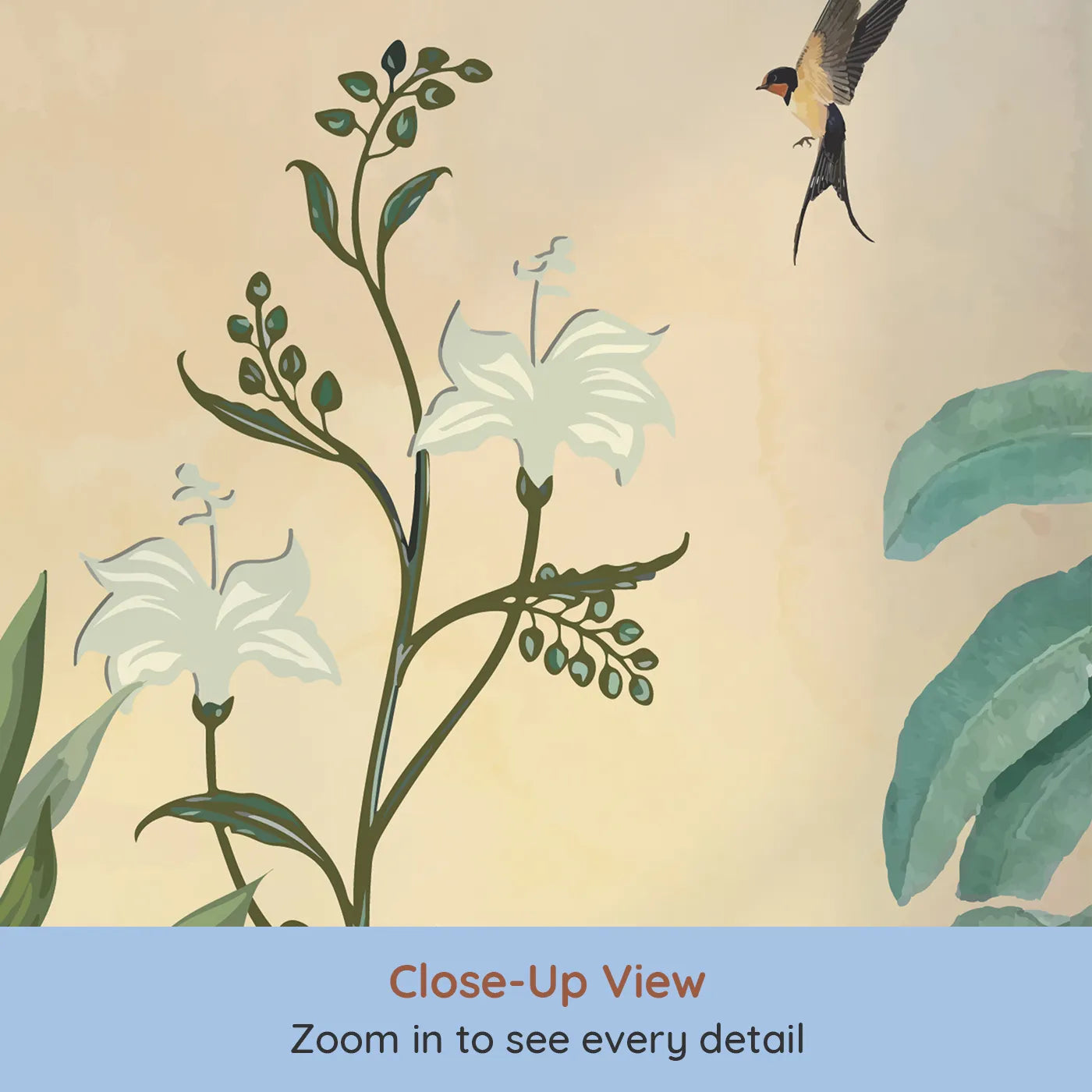 Close-up view of Whimsy Tots' Sunset Jungle Paradise Wall Mural (Turn Their Room into a Lush, Hand-Painted Paradise).Gender-Neutral