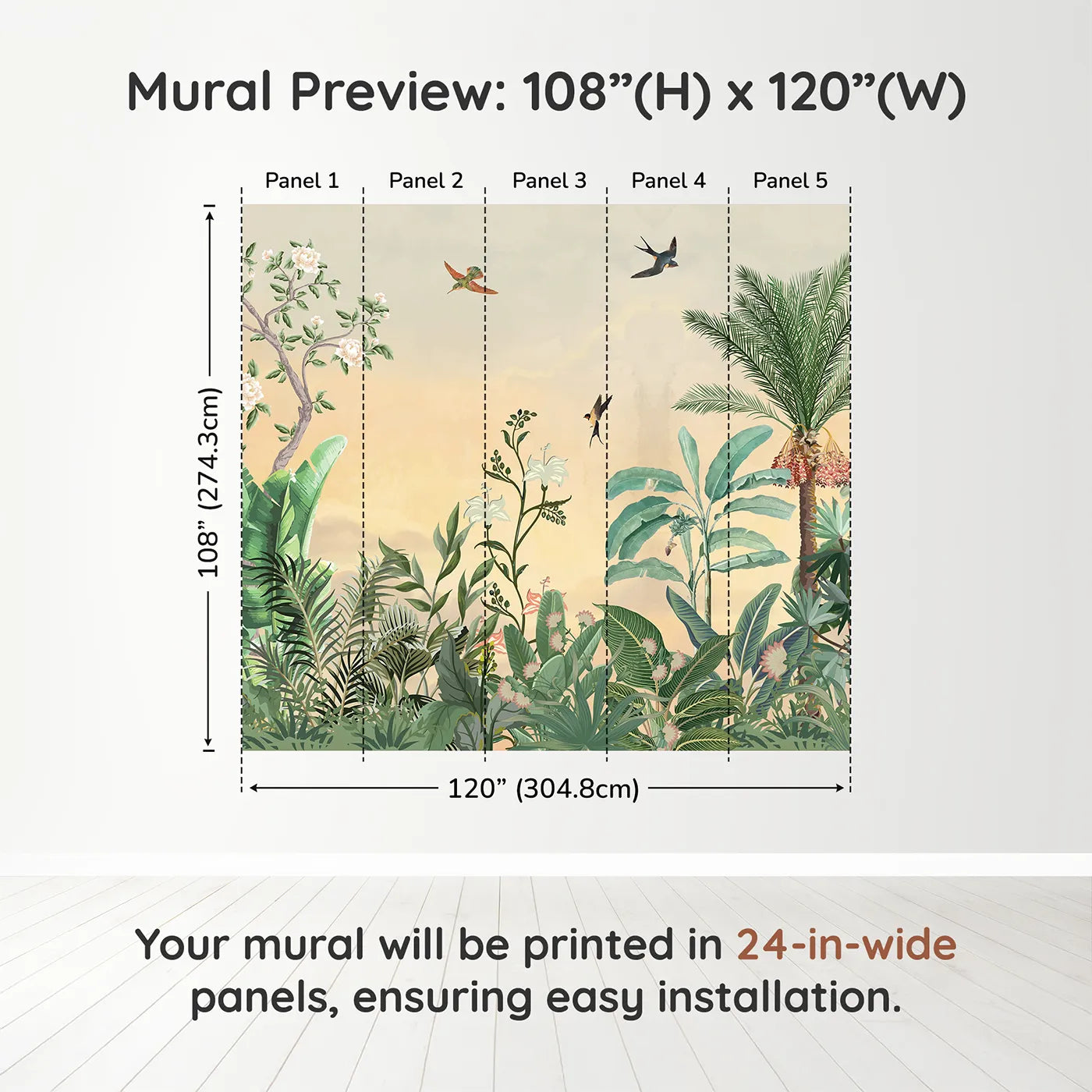 Whimsy Tots Sunset Jungle Paradise Wall Muraldimension view (108" H x 120" W). Printed in five 24-inch-wide panels. Gender-Neutral