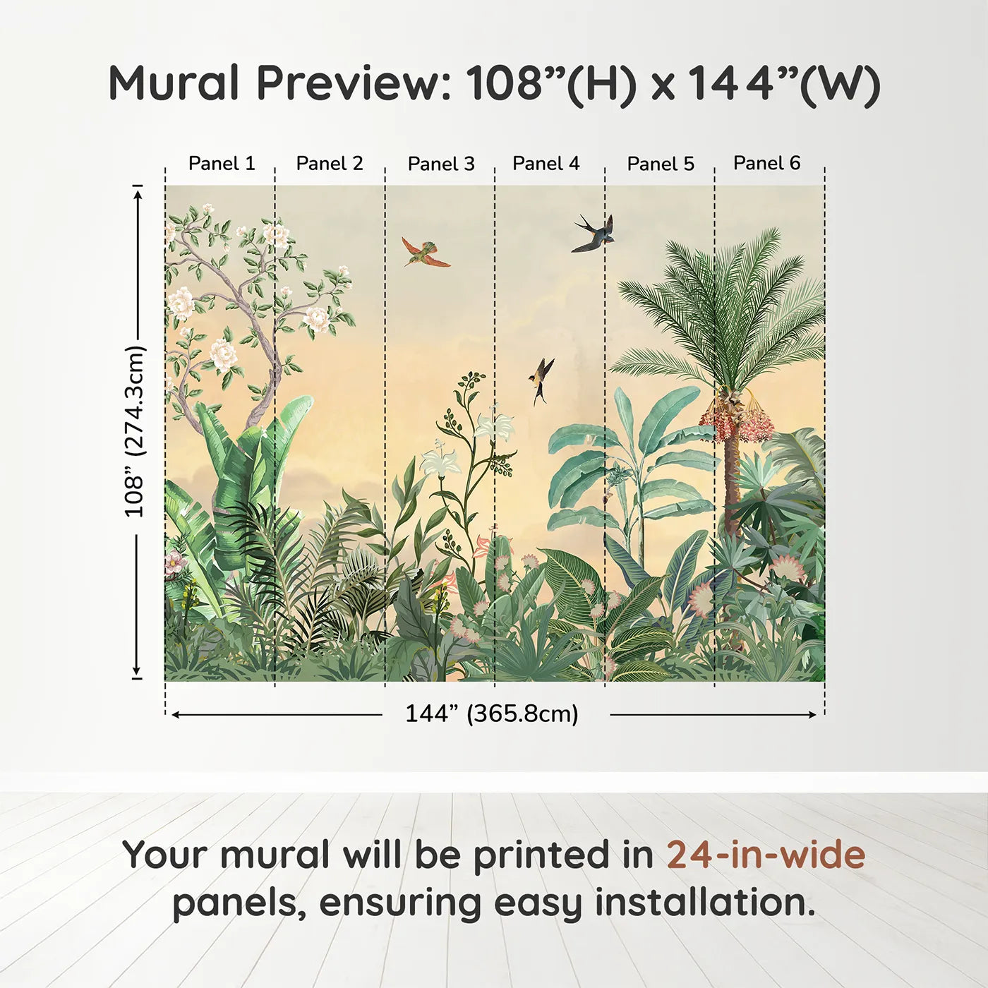 Whimsy Tots Sunset Jungle Paradise Wall Muraldimension view (108" H x 144" W). Printed in six 24-inch-wide panels. Gender-Neutral