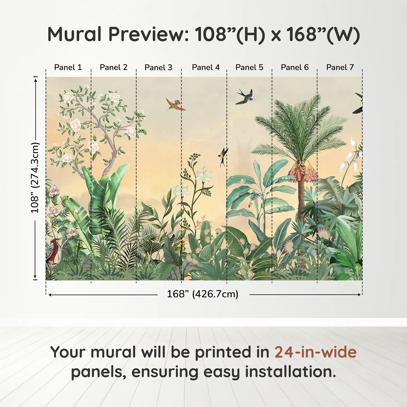 Whimsy Tots Sunset Jungle Paradise Wall Muraldimension view (108" H x 168" W). Printed in seven 24-inch-wide panels. Gender-Neutral