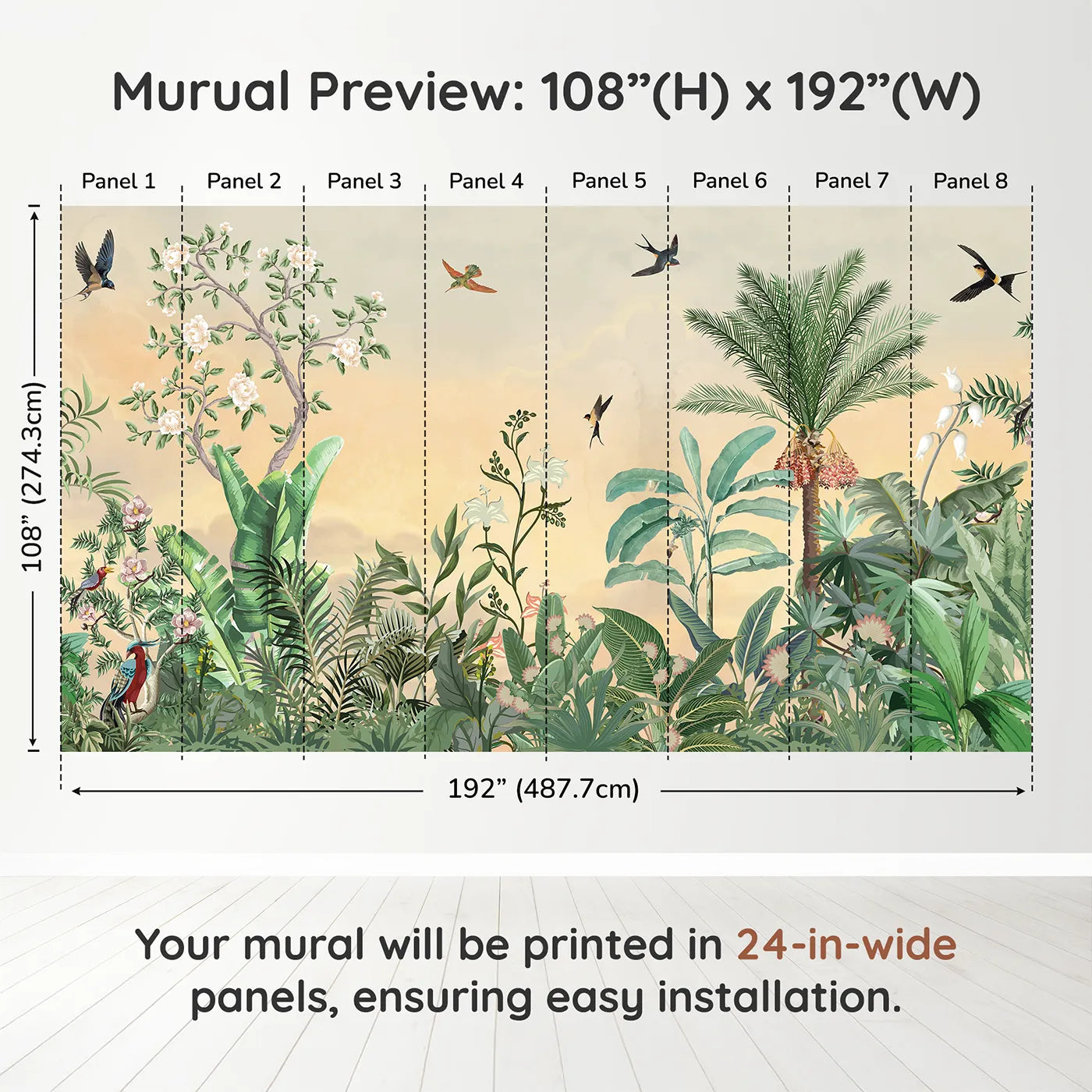 Whimsy Tots Sunset Jungle Paradise Wall Muraldimension view (108" H x 192" W). Printed in eight 24-inch-wide panels. Gender-Neutral