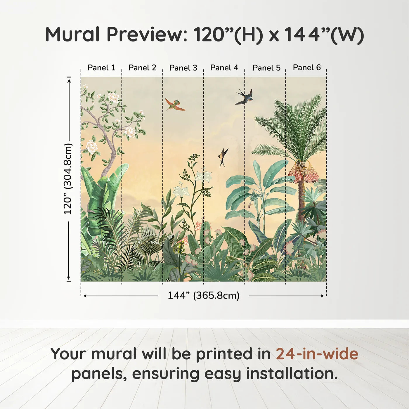 Whimsy Tots Sunset Jungle Paradise Wall Muraldimension view (120" H x 144" W). Printed in six 24-inch-wide panels. Gender-Neutral