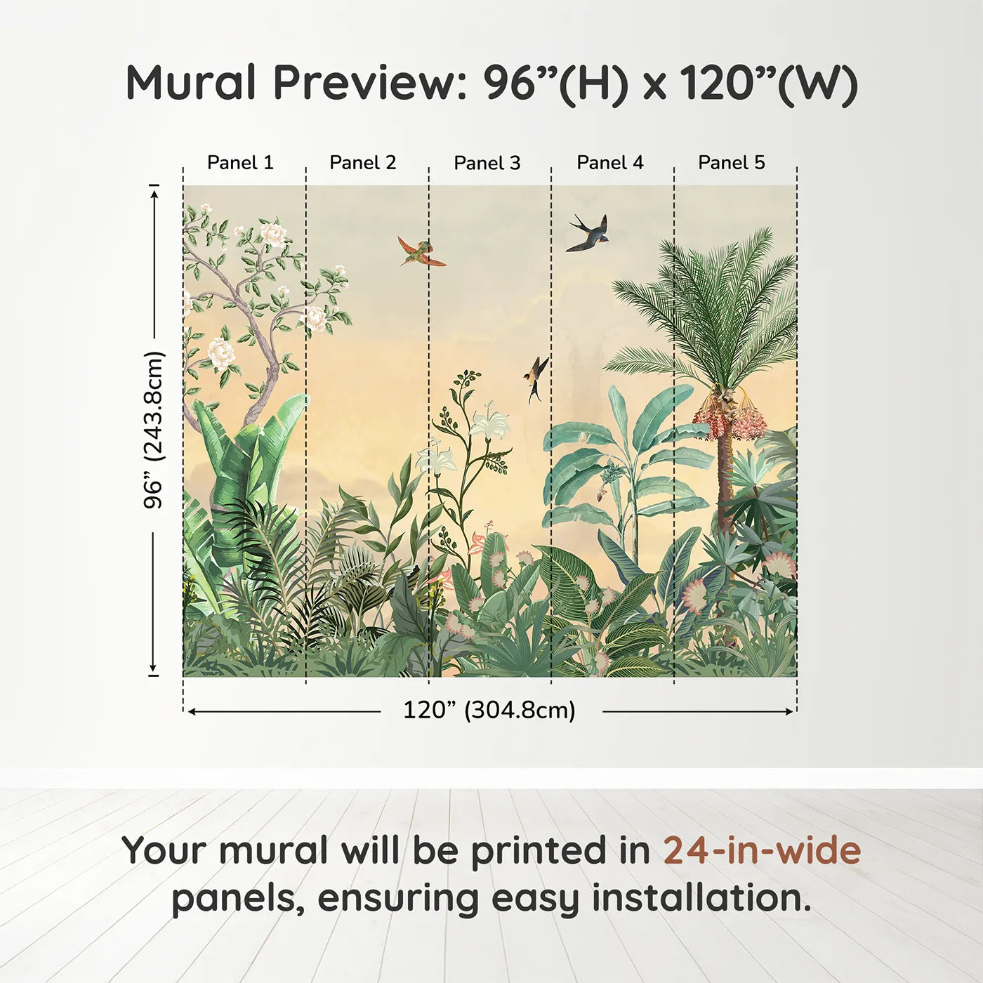 Whimsy Tots Sunset Jungle Paradise Wall Muraldimension view (96" H x 120" W). Printed in five 24-inch-wide panels. Gender-Neutral
