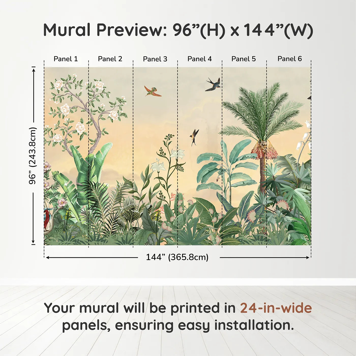 Whimsy Tots Sunset Jungle Paradise Wall Muraldimension view (96" H x 144" W). Printed in six 24-inch-wide panels. Gender-Neutral
