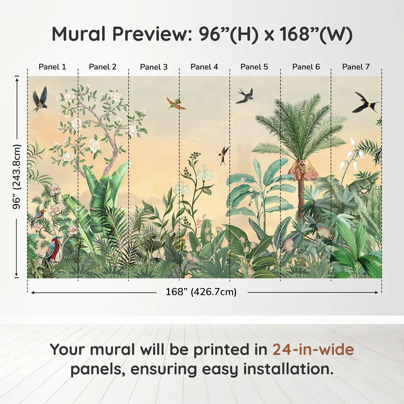 Whimsy Tots Sunset Jungle Paradise Wall Muraldimension view (96" H x 168" W). Printed in seven 24-inch-wide panels. Gender-Neutral