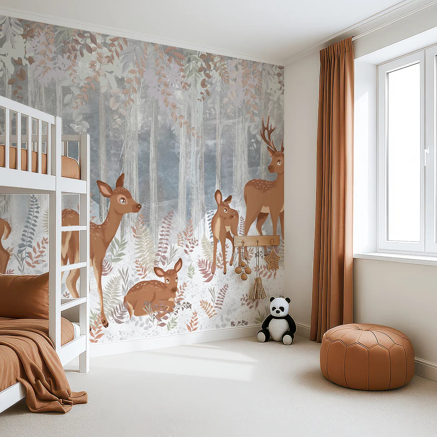 Angled view of Whimsy Tots' Winter Deer Family Wall Mural (Turn Their Room into a Gentle, Snowy Forest Scene).Gender-Neutral