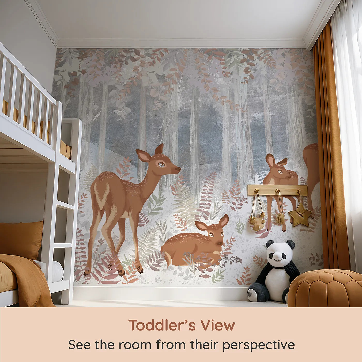 Whimsy Tots Winter Deer Family Wall Mural (Turn Their Room into a Gentle, Snowy Forest Scene) from your child's view.Gender-Neutral