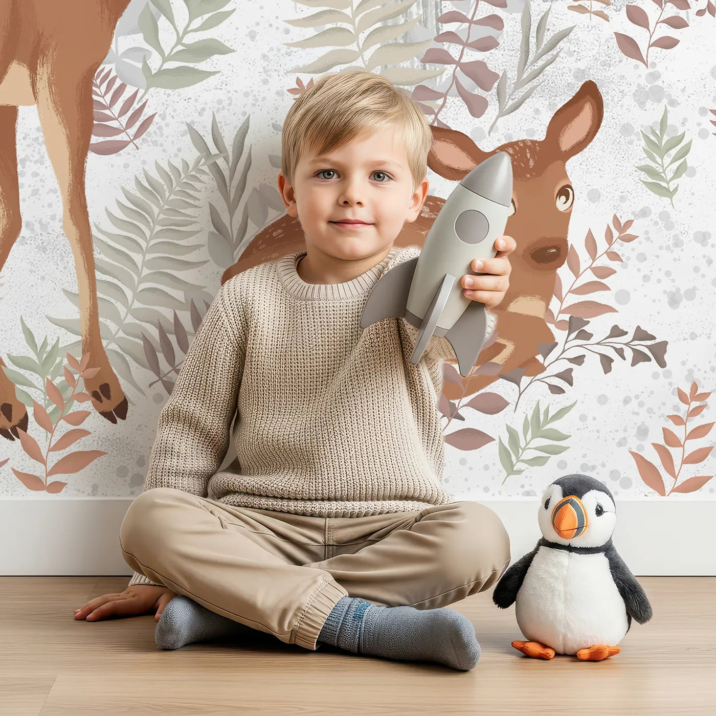 Child in front of Whimsy Tots Winter Deer Family Wall Mural with deer, fawn, animal, forest, snow, winter, cute, realistic in design.