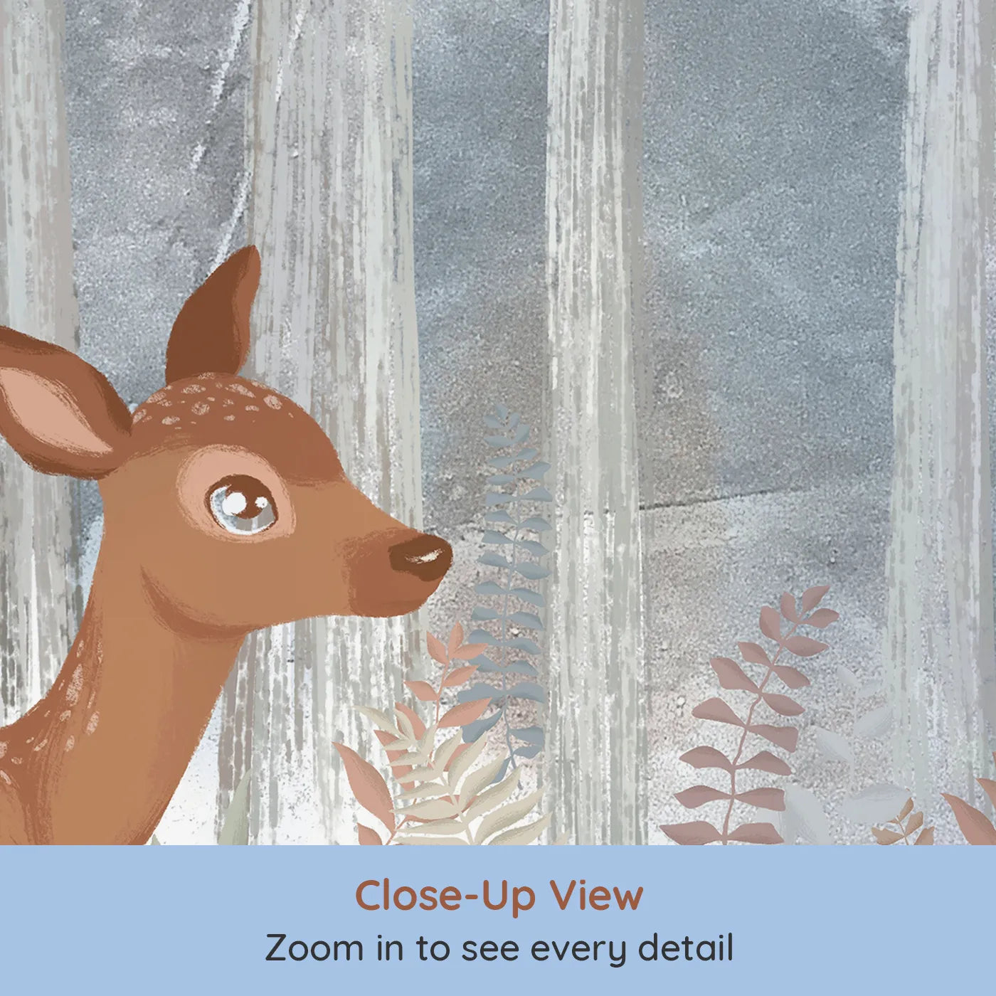 Close-up view of Whimsy Tots' Winter Deer Family Wall Mural (Turn Their Room into a Gentle, Snowy Forest Scene).Gender-Neutral