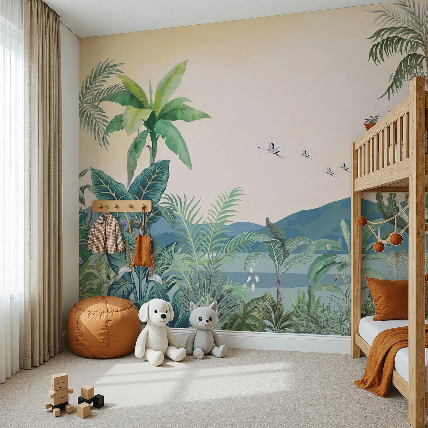 Angled view of Whimsy Tots' Tropical Sunset Wall Mural (Turn Their Room into a Warm and Gentle Jungle Evening).Gender-Neutral