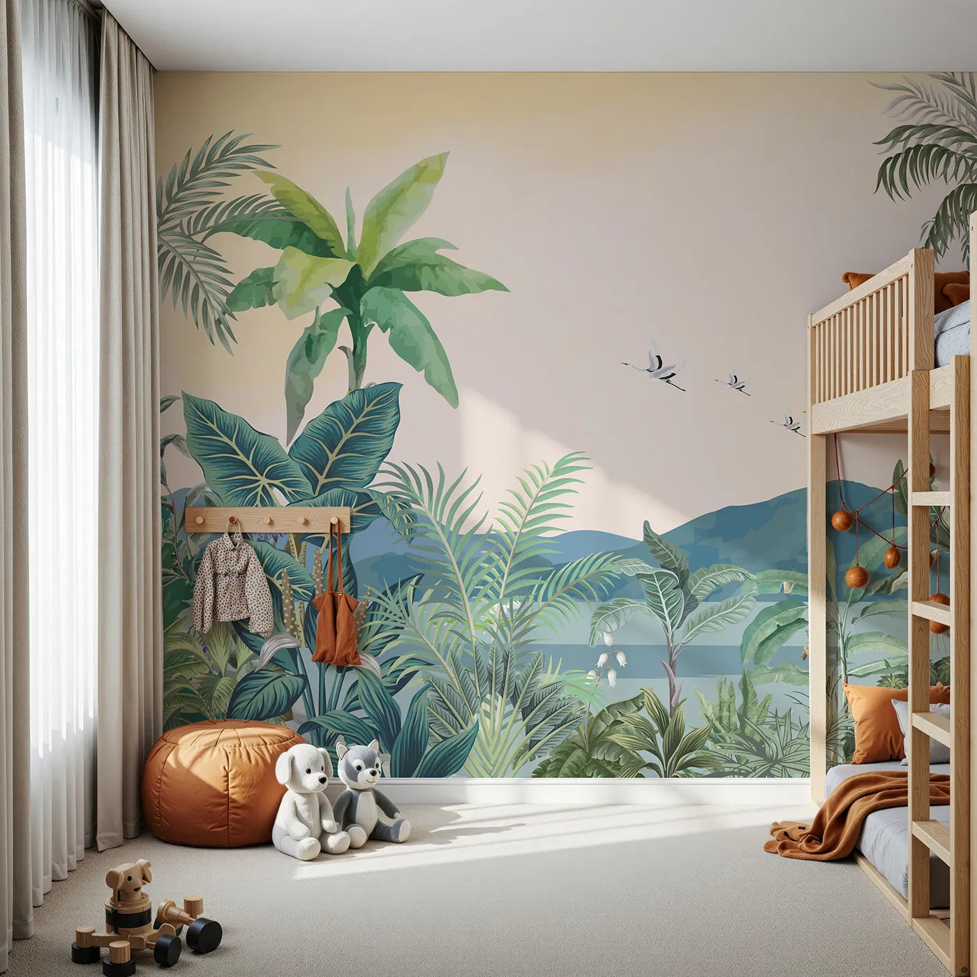 Front view of Whimsy Tots' Tropical Sunset Wall Mural