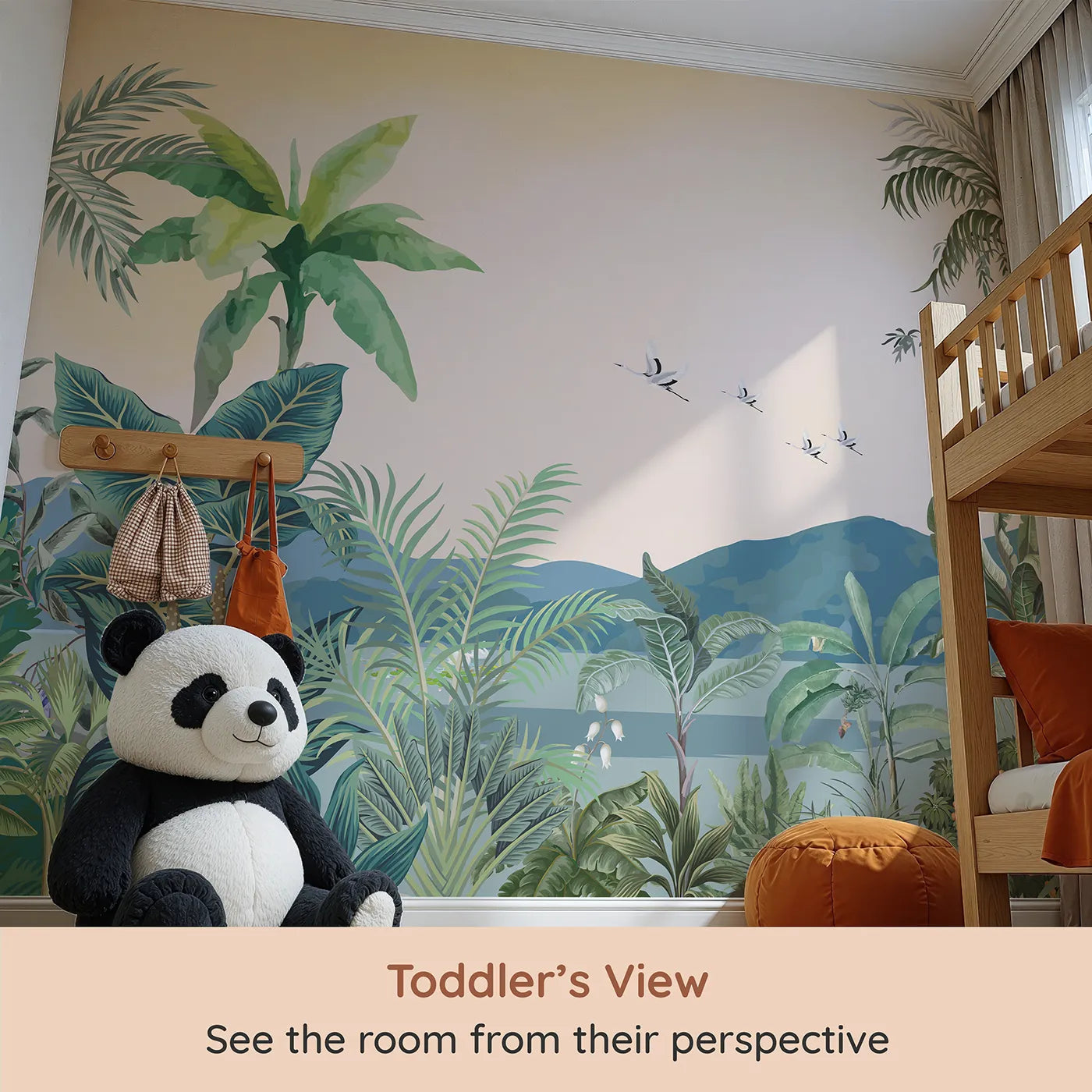 Whimsy Tots Tropical Sunset Wall Mural (Turn Their Room into a Warm and Gentle Jungle Evening) from your child's view.Gender-Neutral
