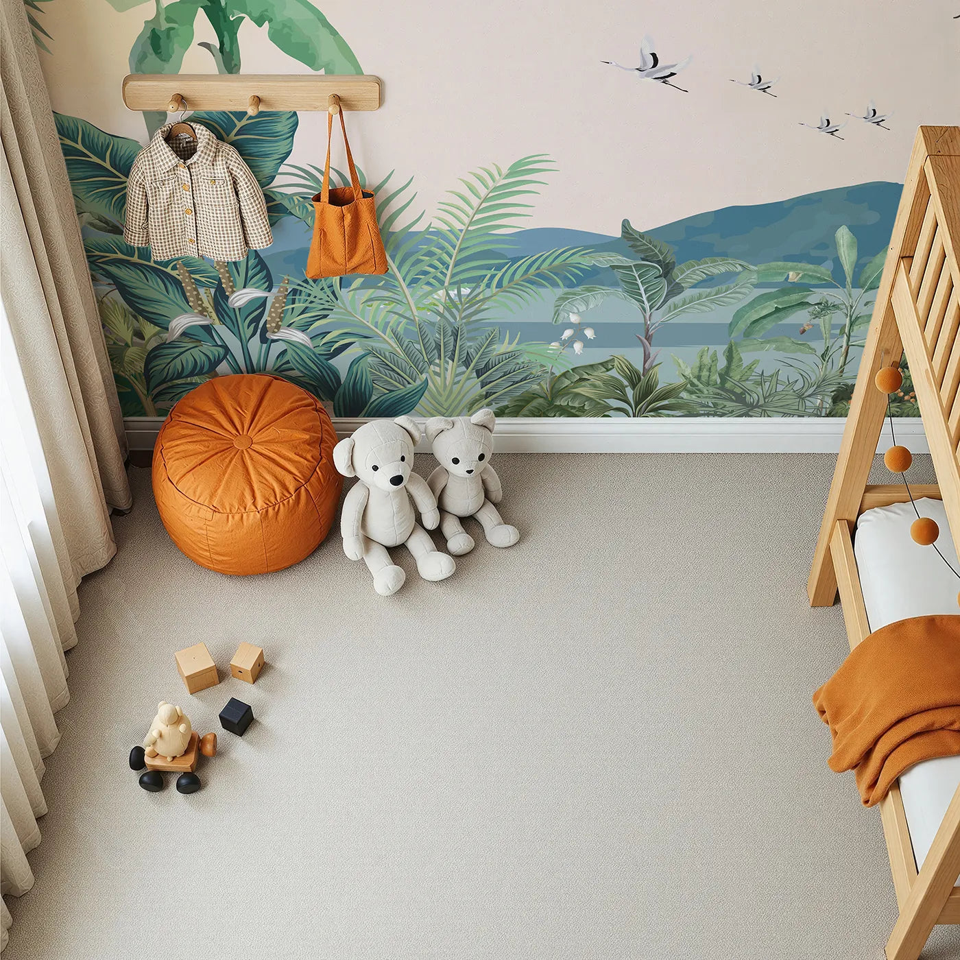Top-down view of Whimsy Tots' Tropical Sunset Wall Mural (Turn Their Room into a Warm and Gentle Jungle Evening).Gender-Neutral