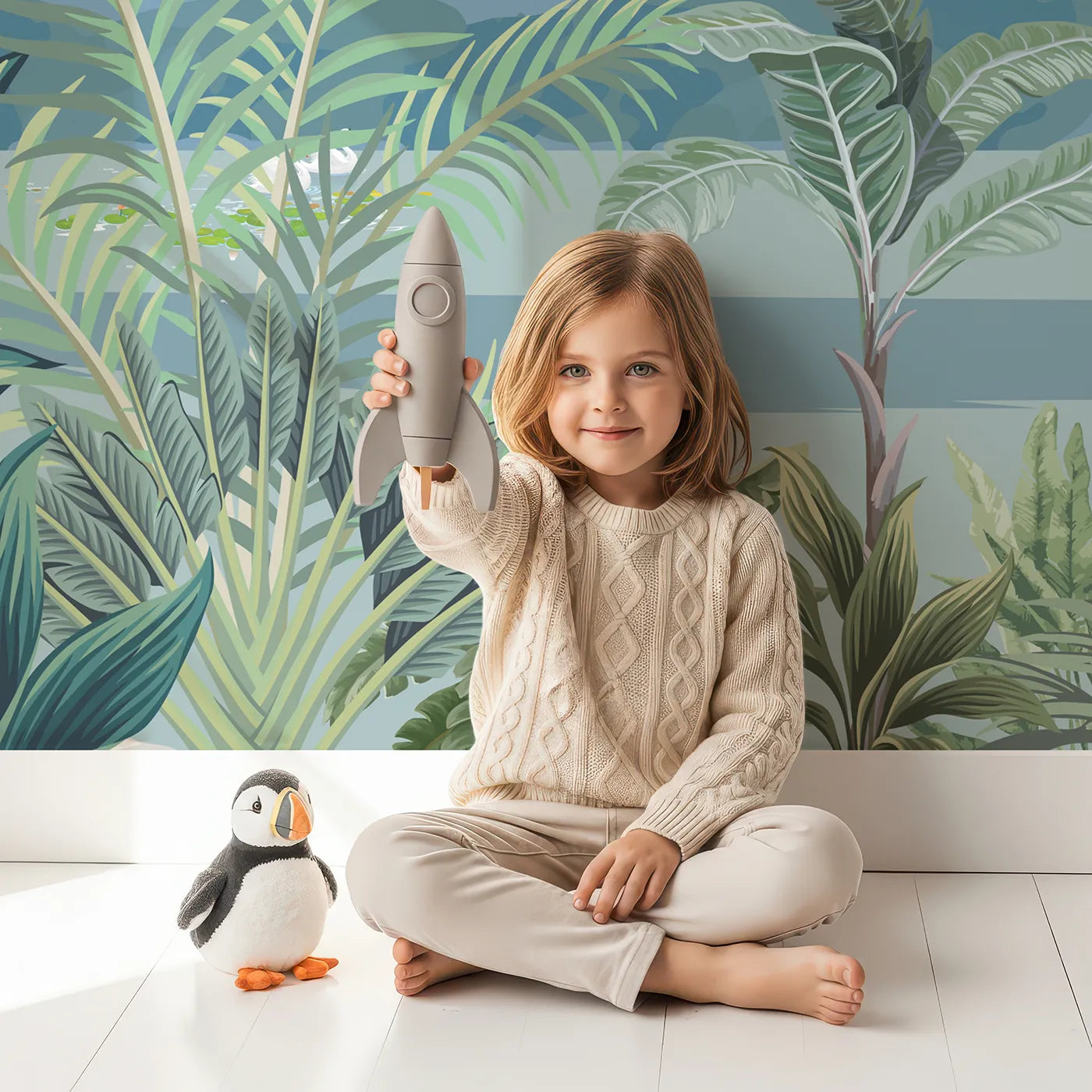 Child in front of Whimsy Tots Tropical Sunset Wall Mural with safari, jungle, sunset, animal, giraffe, zebra, vintage, tropical in design.