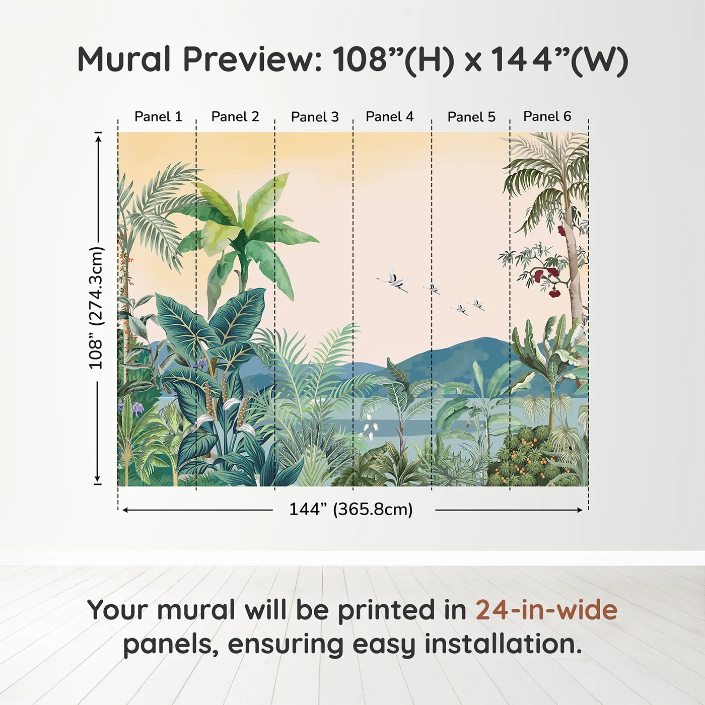 Whimsy Tots Tropical Sunset Wall Muraldimension view (108" H x 144" W). Printed in six 24-inch-wide panels. Gender-Neutral