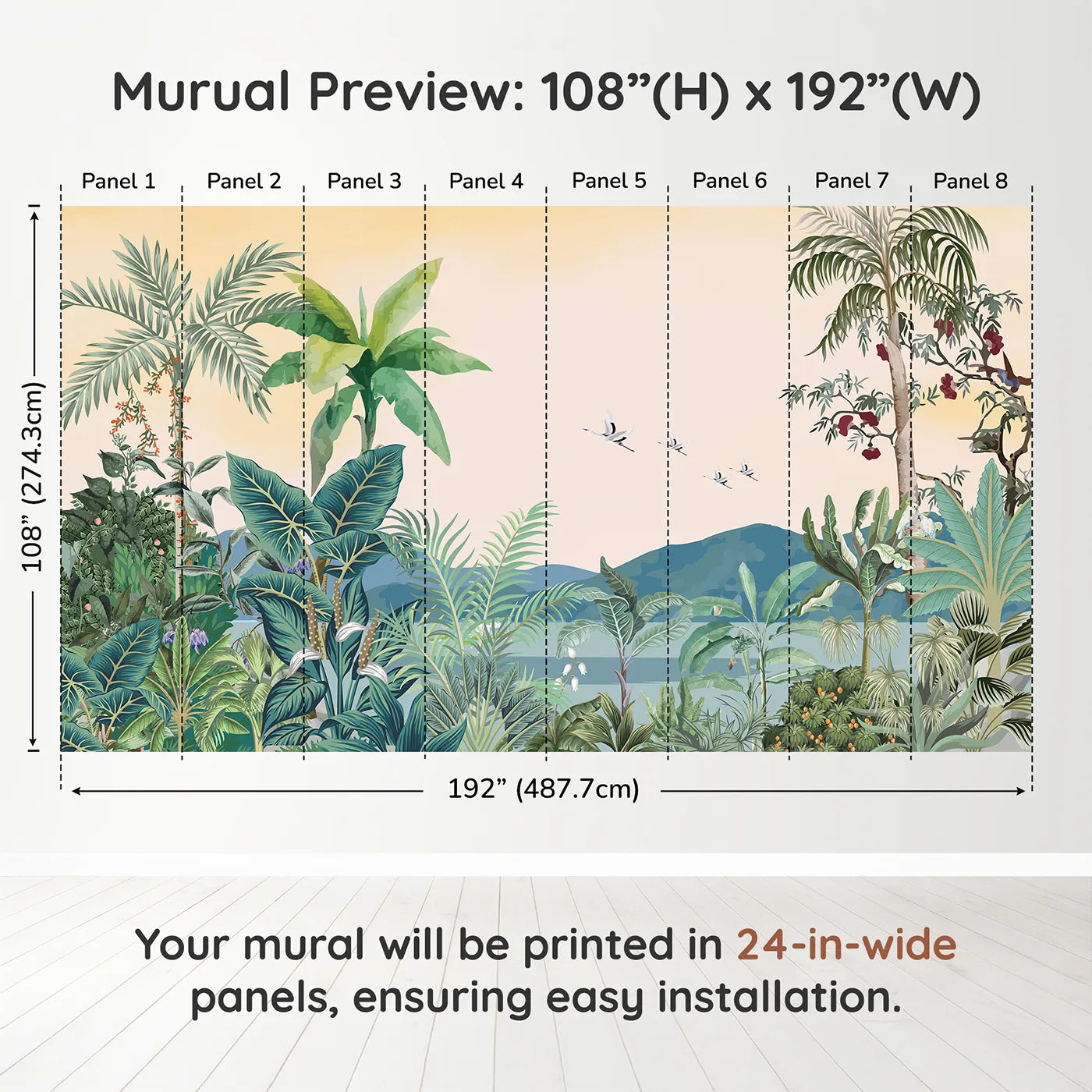 Whimsy Tots Tropical Sunset Wall Muraldimension view (108" H x 192" W). Printed in eight 24-inch-wide panels. Gender-Neutral