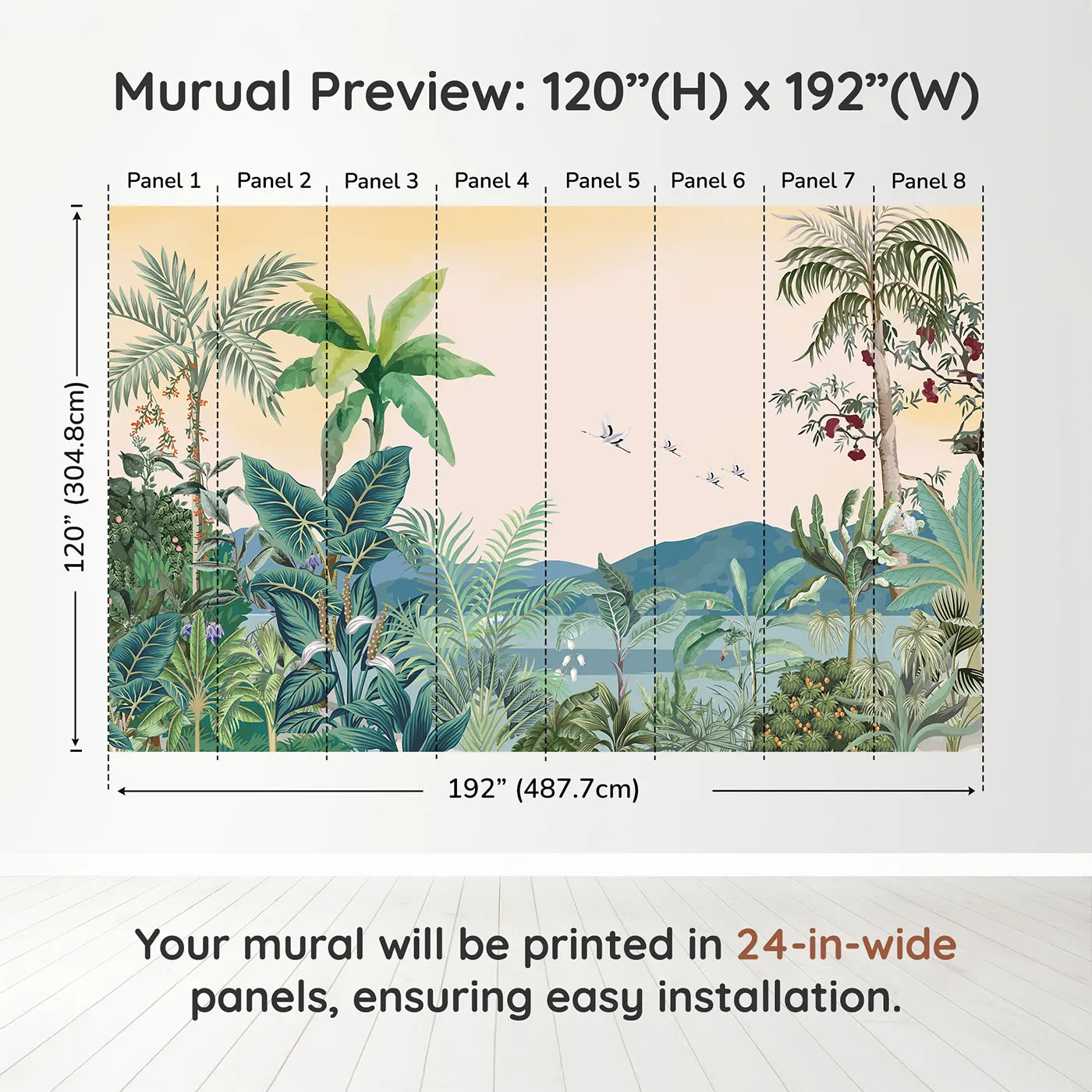 Whimsy Tots Tropical Sunset Wall Muraldimension view (120" H x 192" W). Printed in eight 24-inch-wide panels. Gender-Neutral